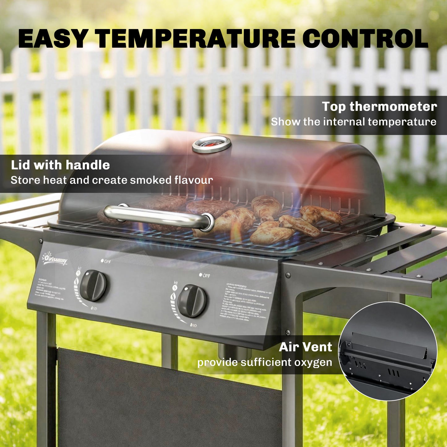 Gas Burner Barbecue Grill, 2 Burner Gas Grill with Side Tables