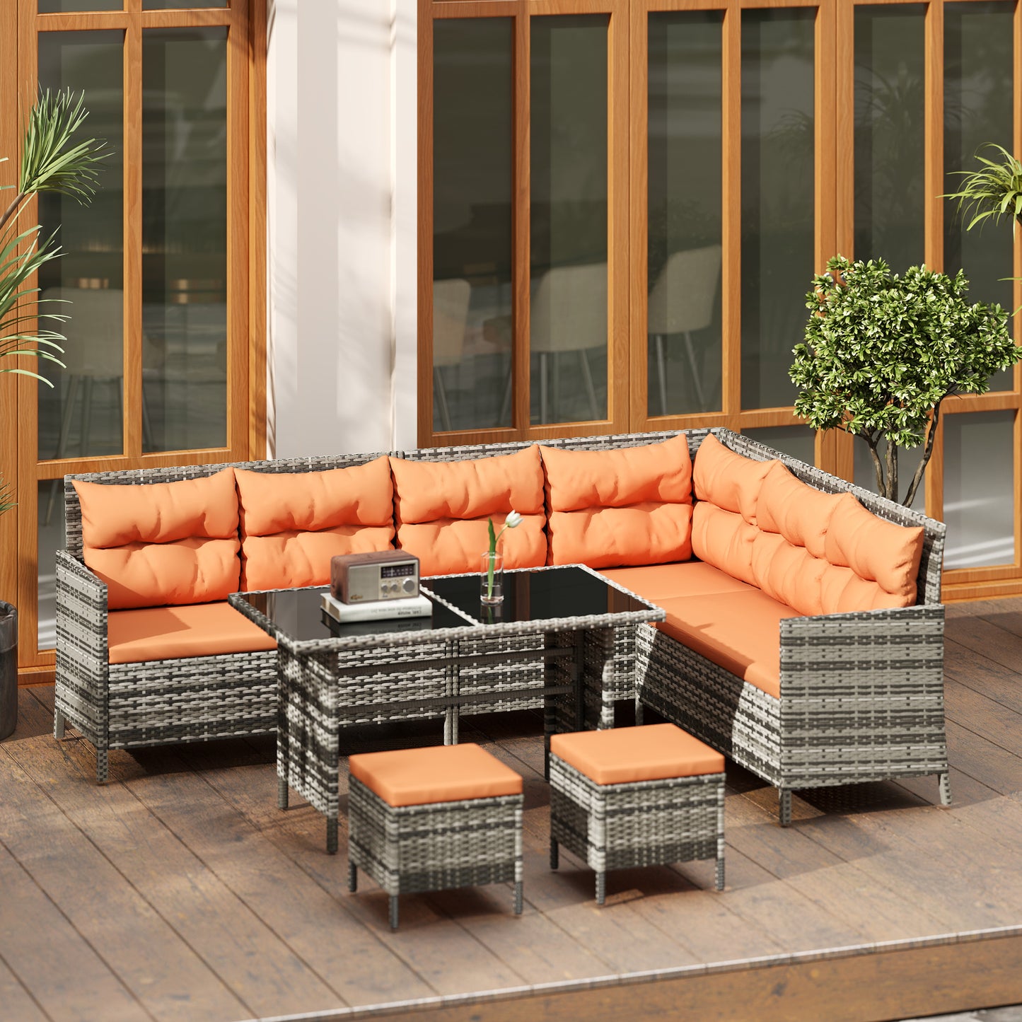 7-Seater Patio wicker Sofa Set Rattan Chair Furniture w/ Glass &