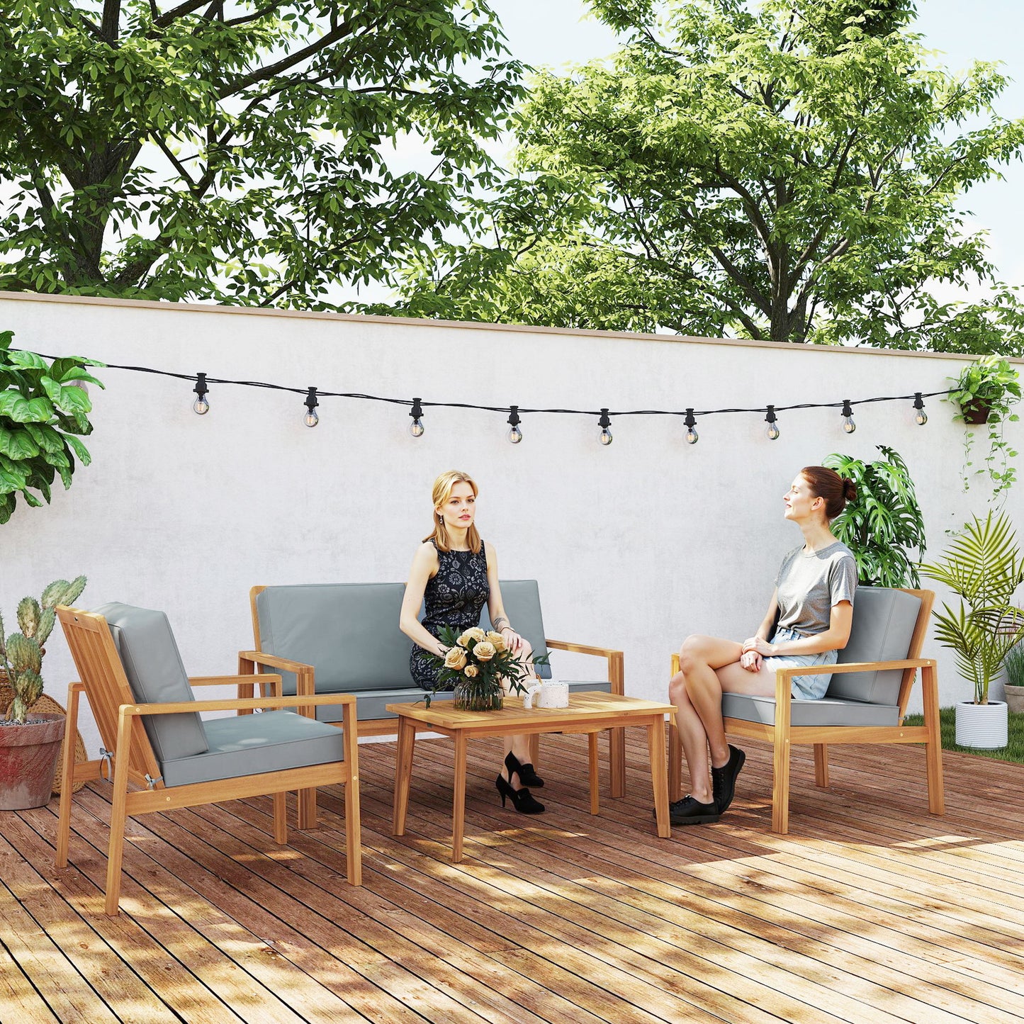 4-Piece Wooden Garden Furniture Set with Cushions - Teak