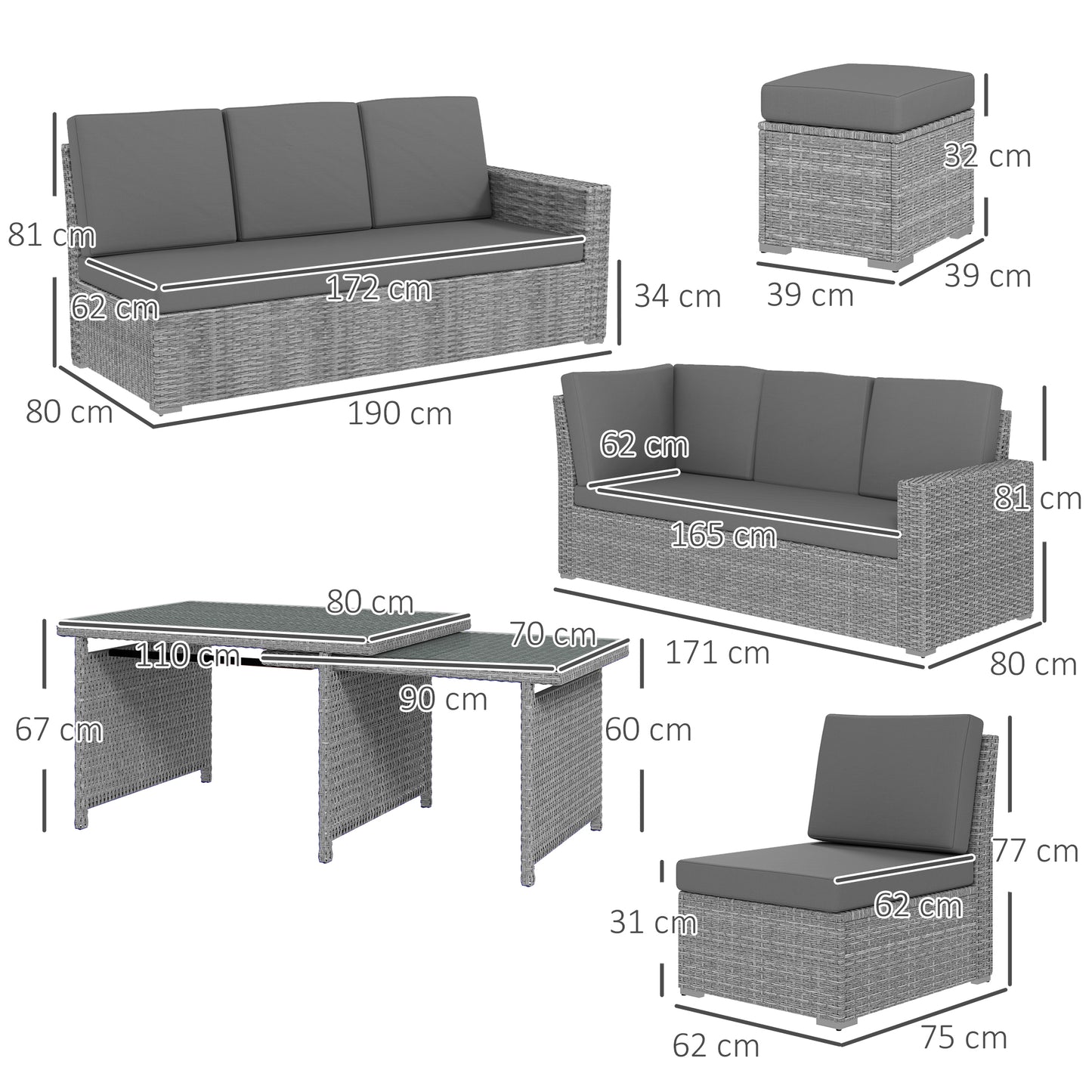 Seven-Piece Rattan Garden Sofa Set, with Expanding Table
