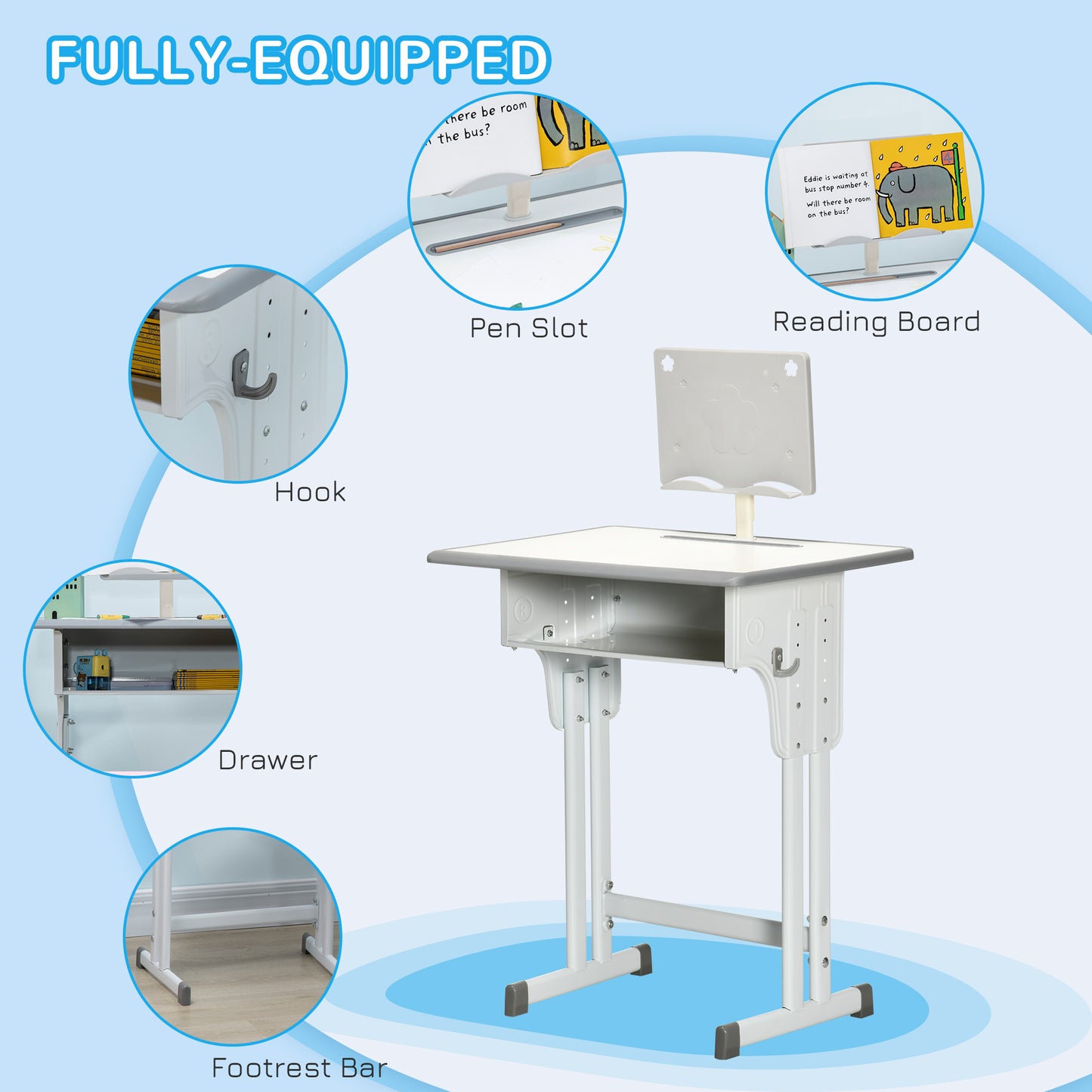 Kids Adjustable Desk and Chair Set, Book Stand, Pen Slot