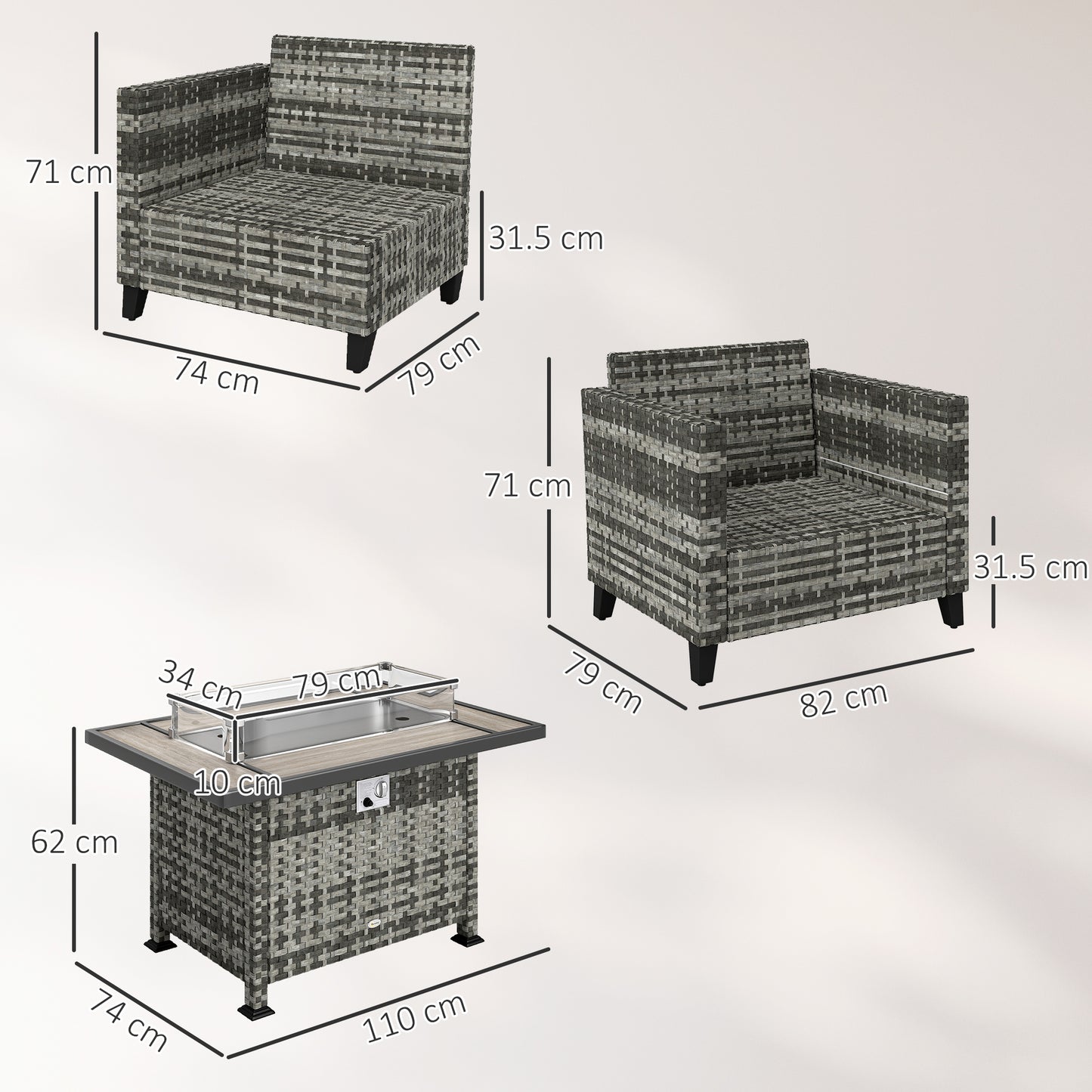 5-Piece Rattan Patio Furniture Set with Gas Fire Pit Table