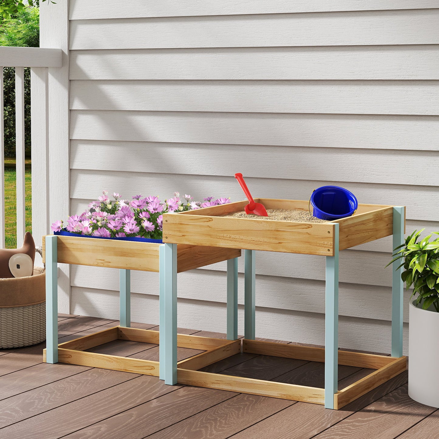 2 PCS Wooden Outdoor Sand and Water Play Tables with Bottom Liner