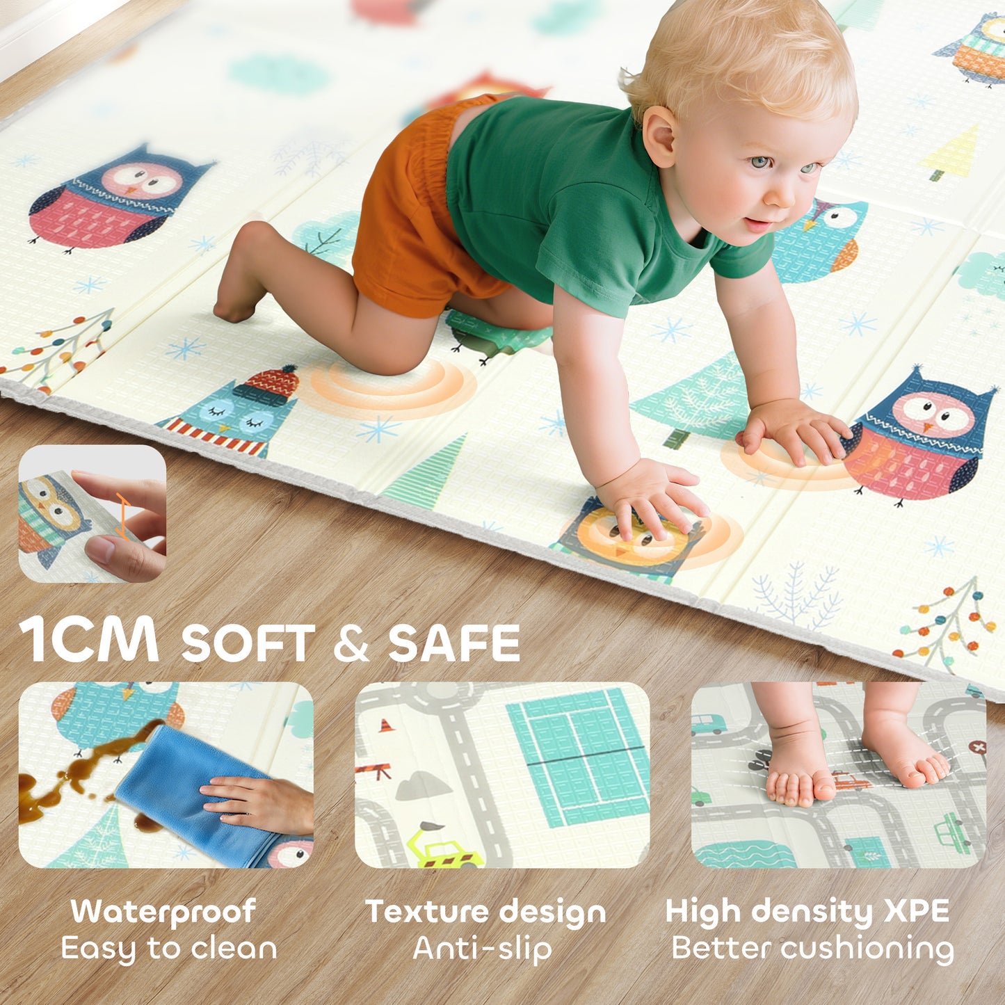 Foldable Baby Plat Mat Double Sided, Kids Floor Mat for Crawling