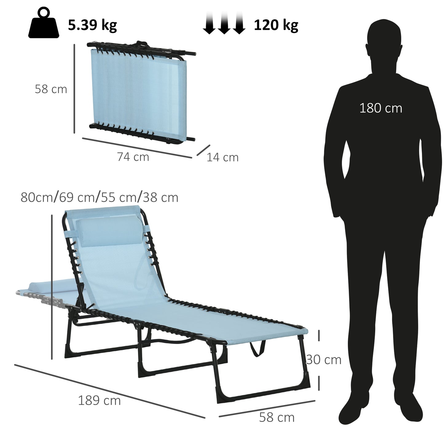 Folding Sun Lounger Beach Chaise Chair Garden Cot Camping Recliner
