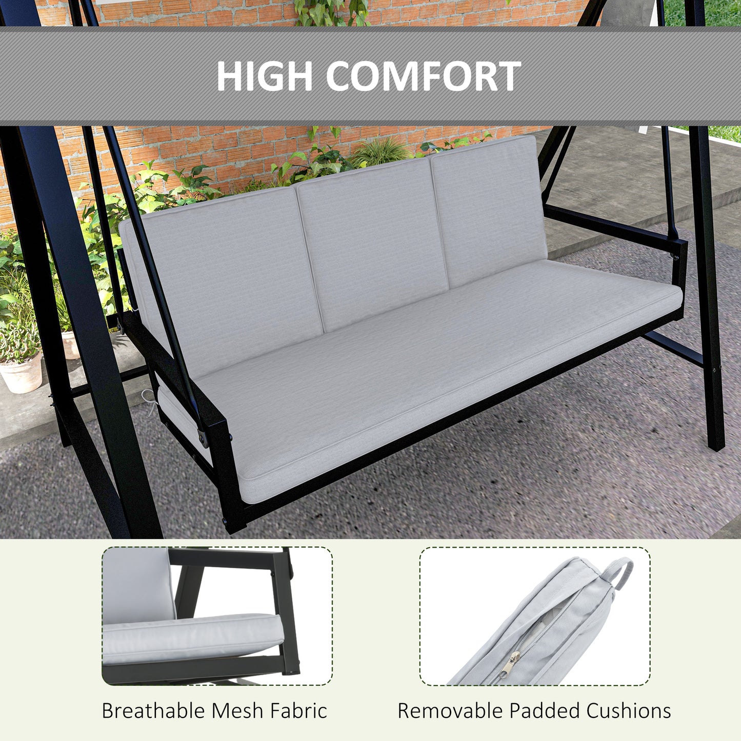 Three-Seat Garden Swing Chair, with Adjustable Canopy