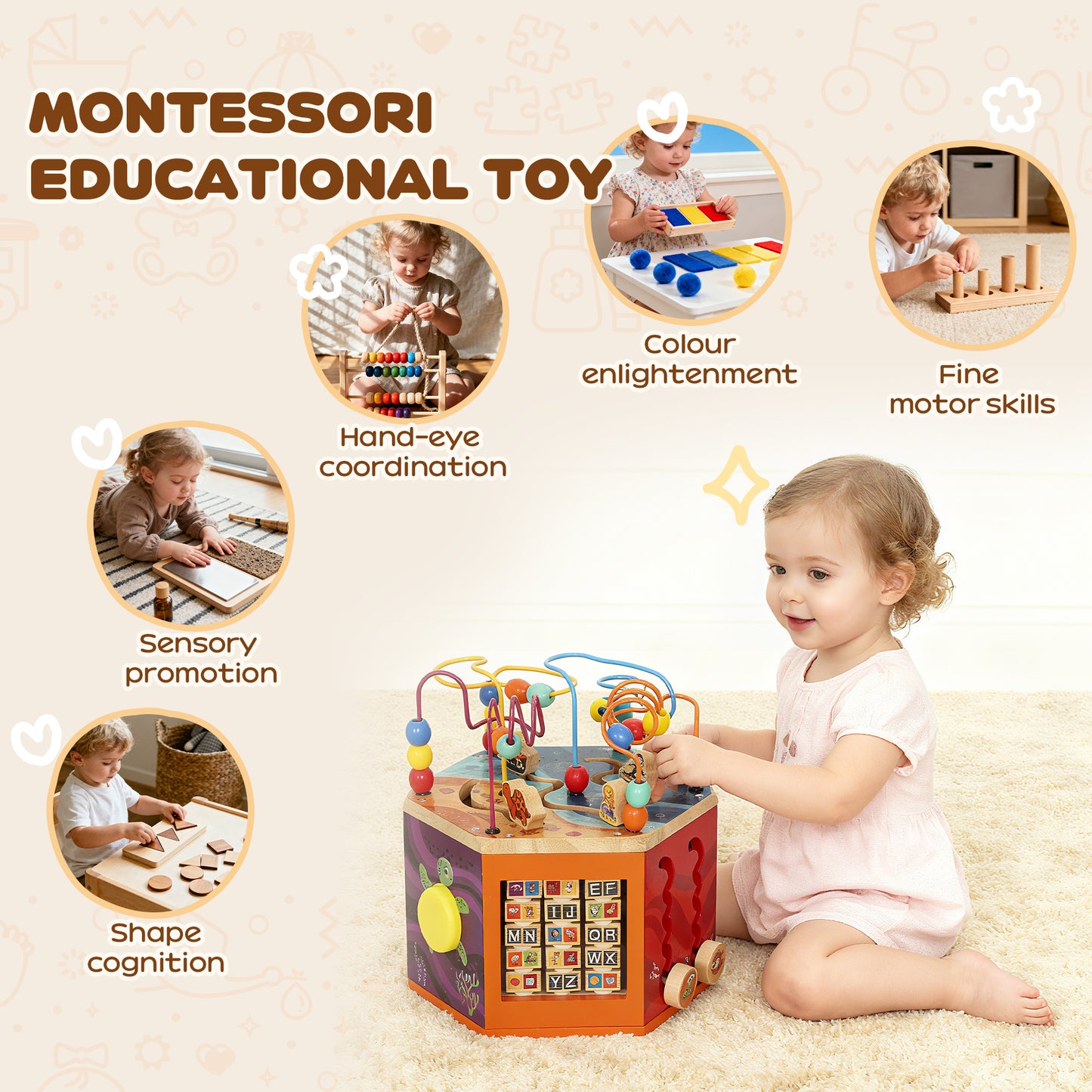 Wooden Activity Cube, Baby Toys with Bead Maze