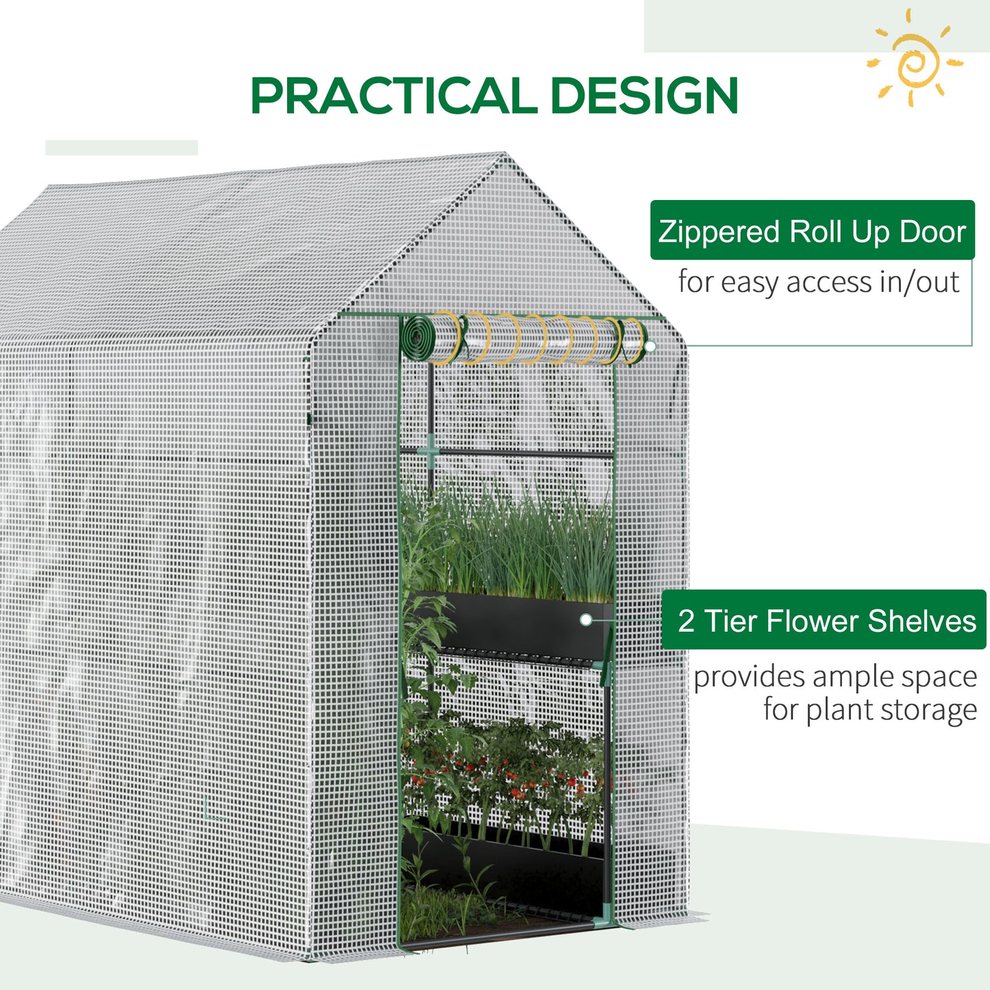 Walk In Greenhouse with 2-Tier Shelves, Roll up Zip Panel Door