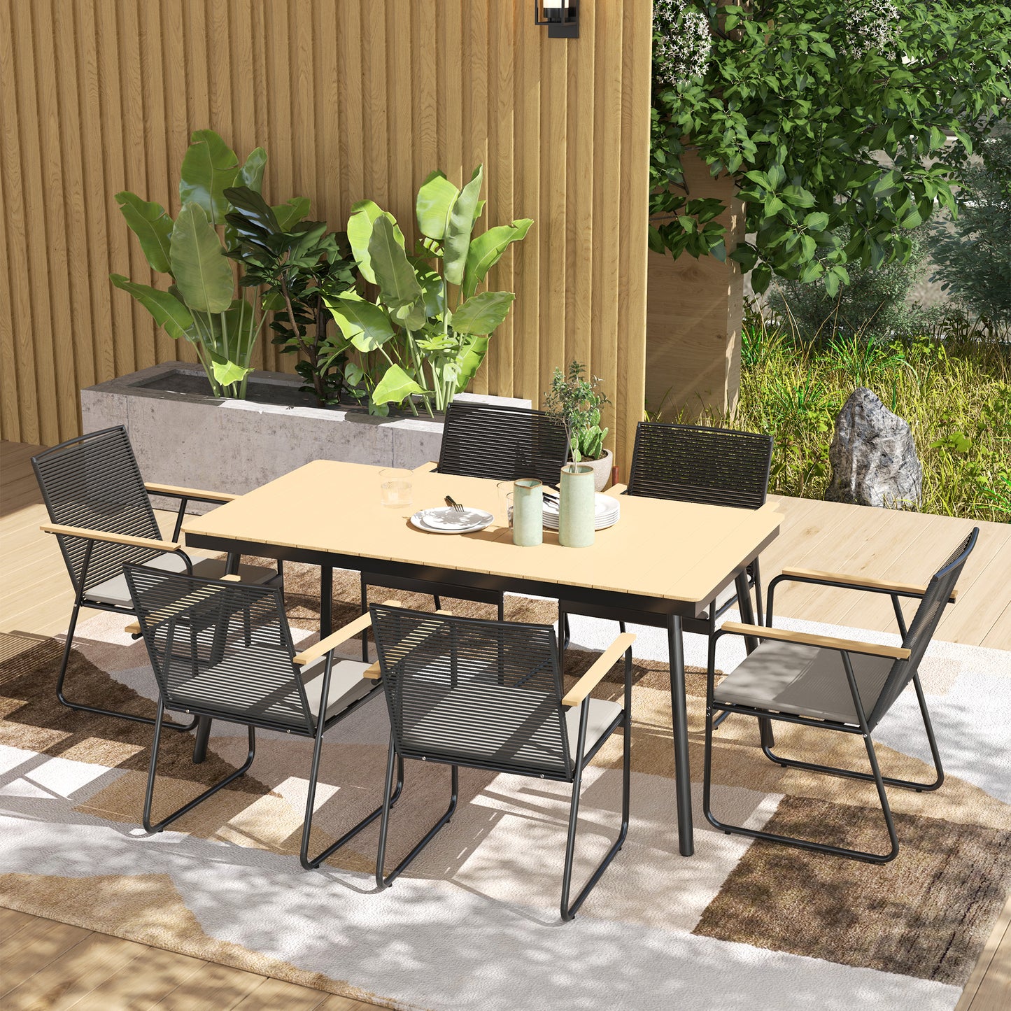 6 Seater Garden Dining Set with Soft Cushions, Rattan Backrest (1)