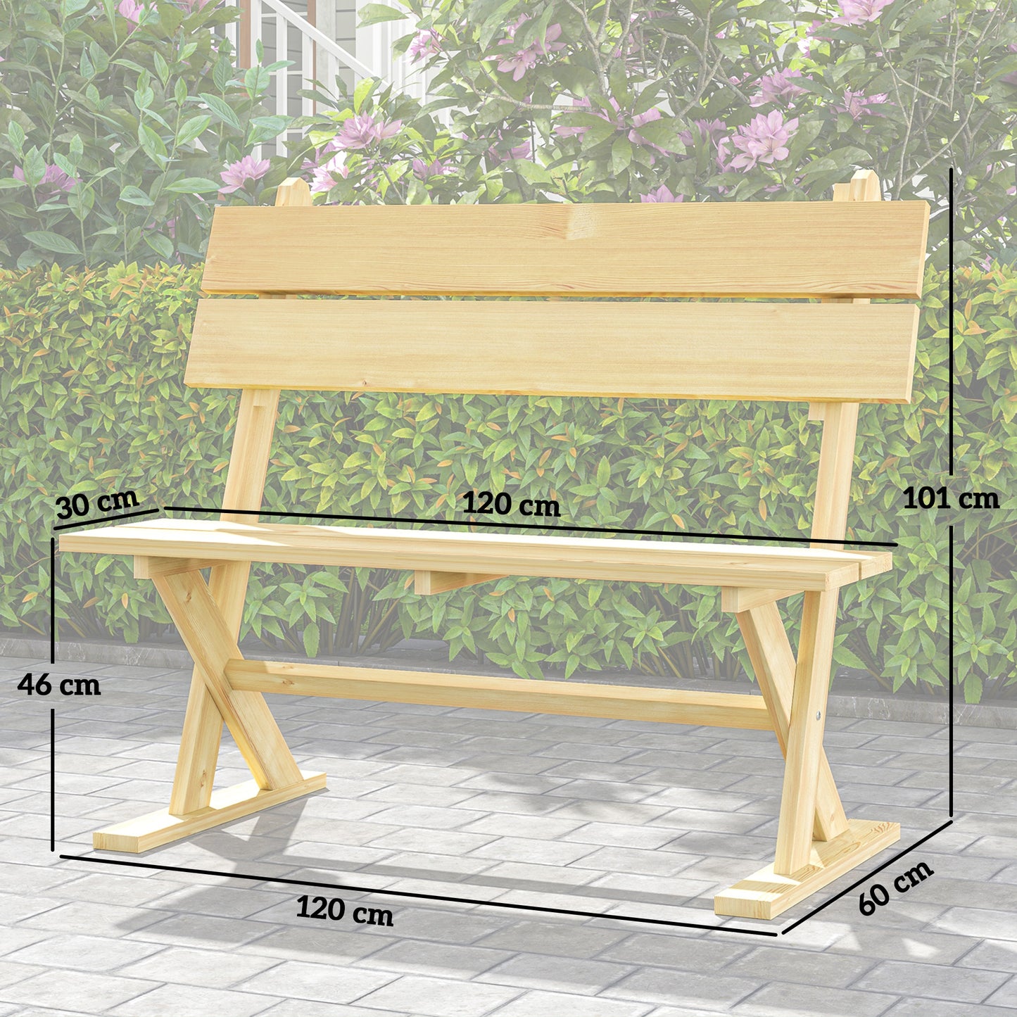 2 Seater Wooden Garden Bench, Fir Wood Outdoor Bench