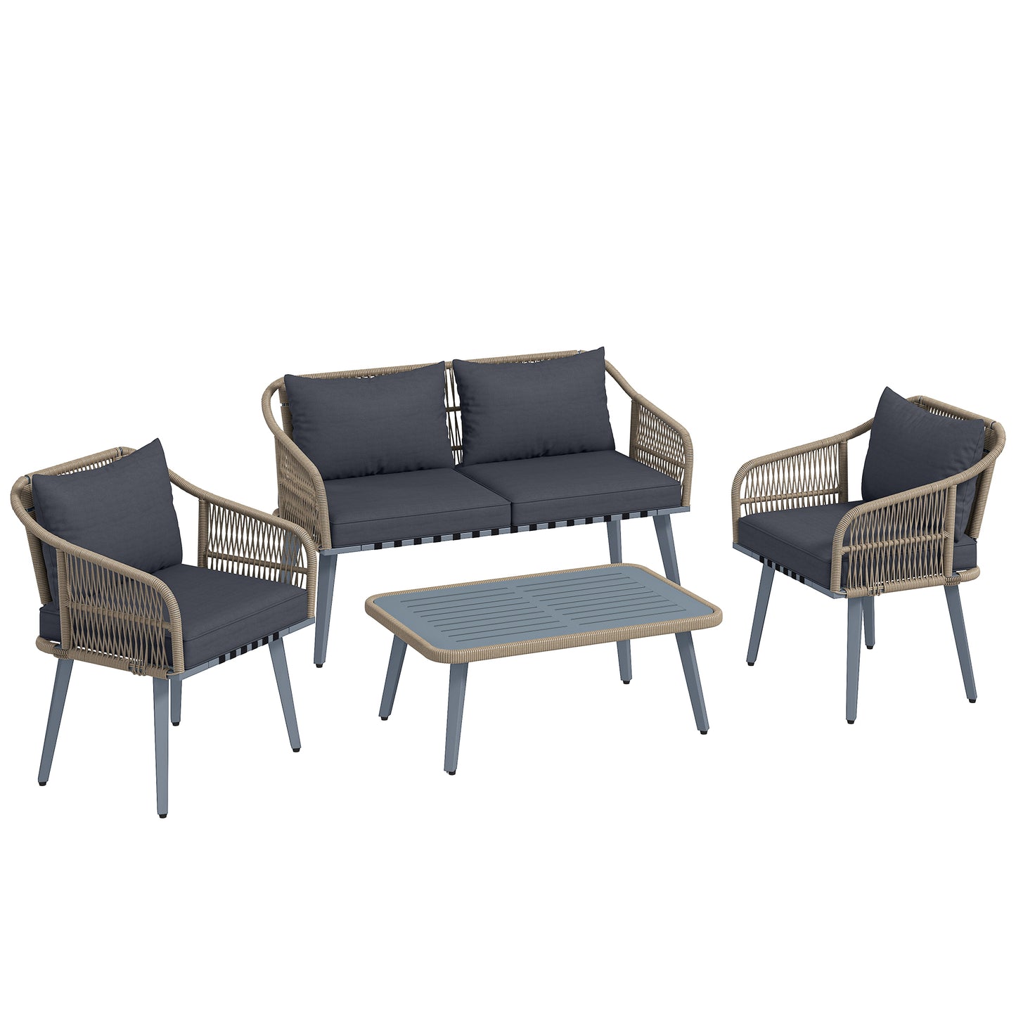 4 Piece Rattan Garden Furniture Set with Loveseat, Armchairs