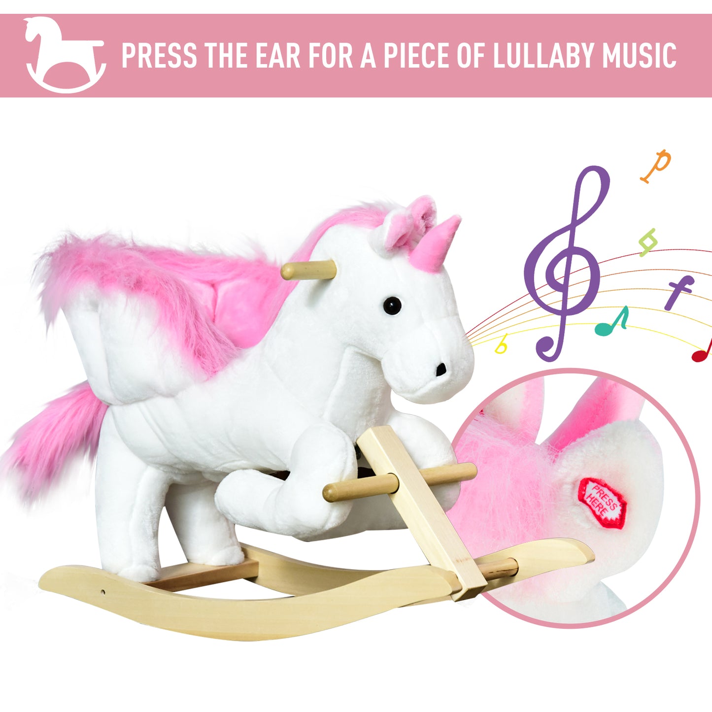 Kids Rocking Horse Toy, Plush Unicorn Rocker Seat with Wood Base