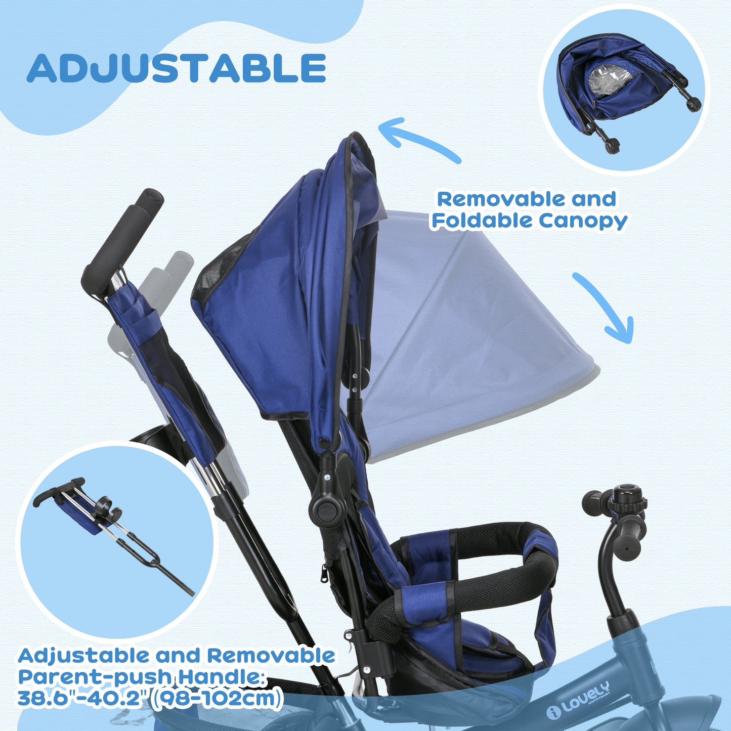 6 in 1 Kids Trike with Parent Handle, Canopy, 5-point Seat Belt