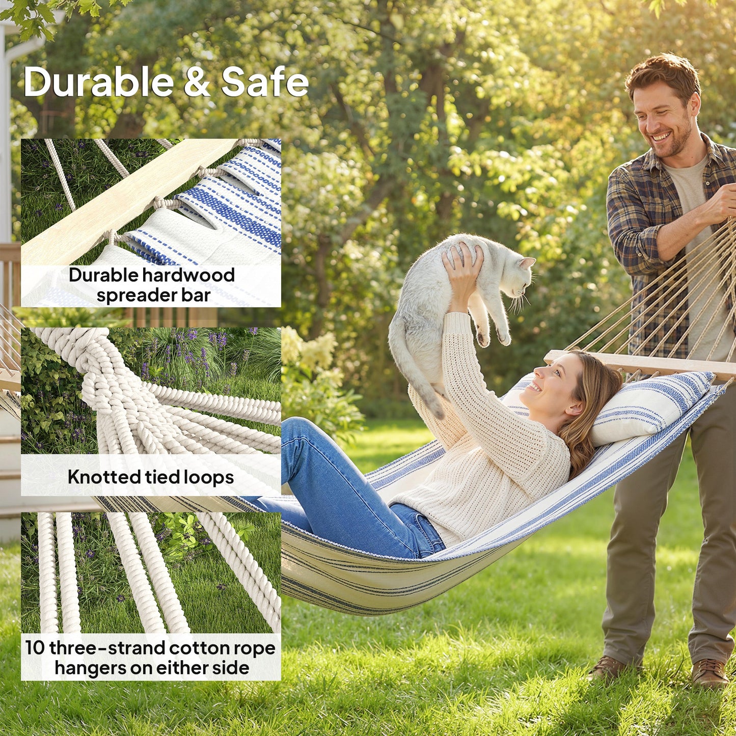 Cotton Hammock, Soft Portable Swing Sleeping w/ Headrest & Side (1)