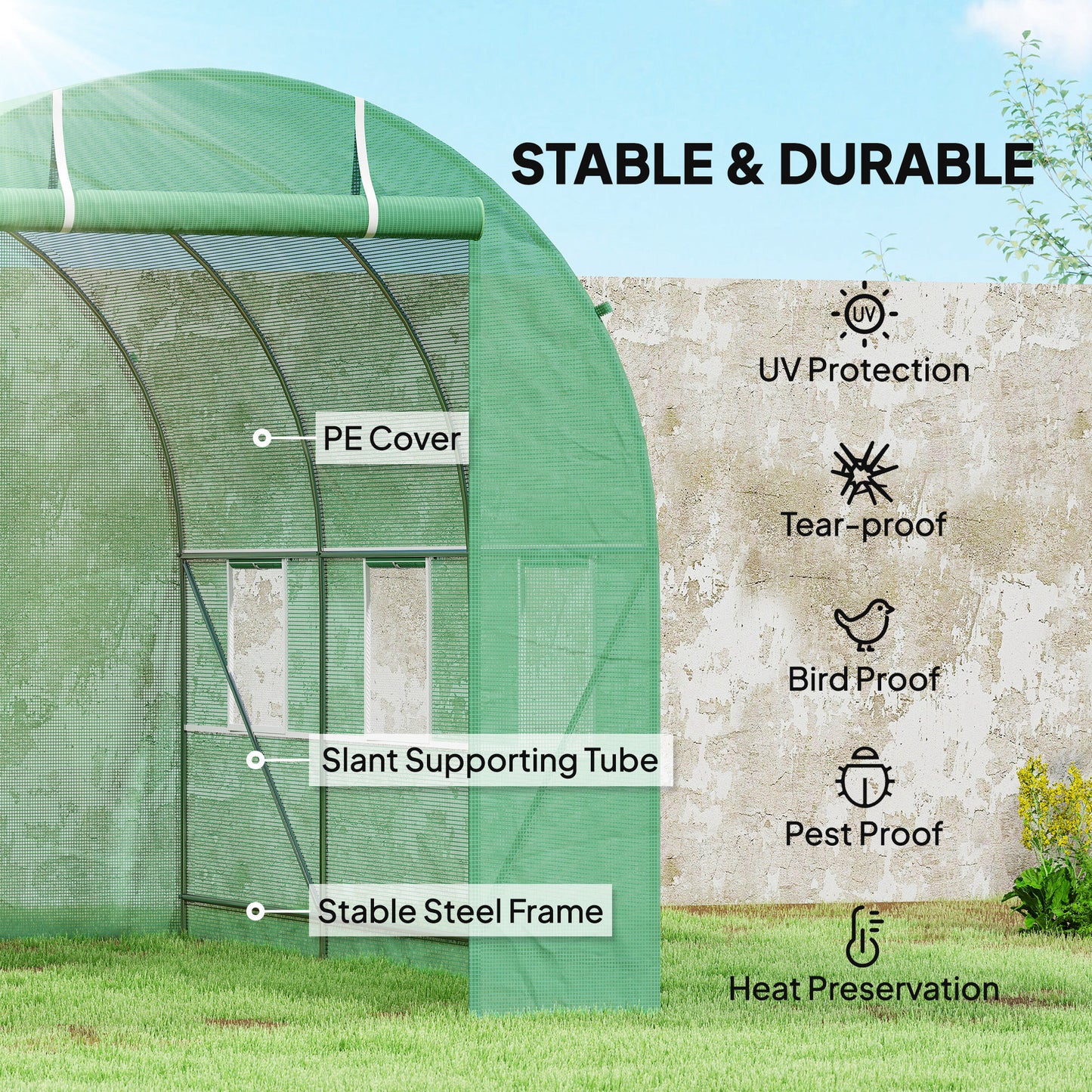 3.5 x 2m Walk-In Polytunnel Greenhouse, with Steel Frame, PE Cover