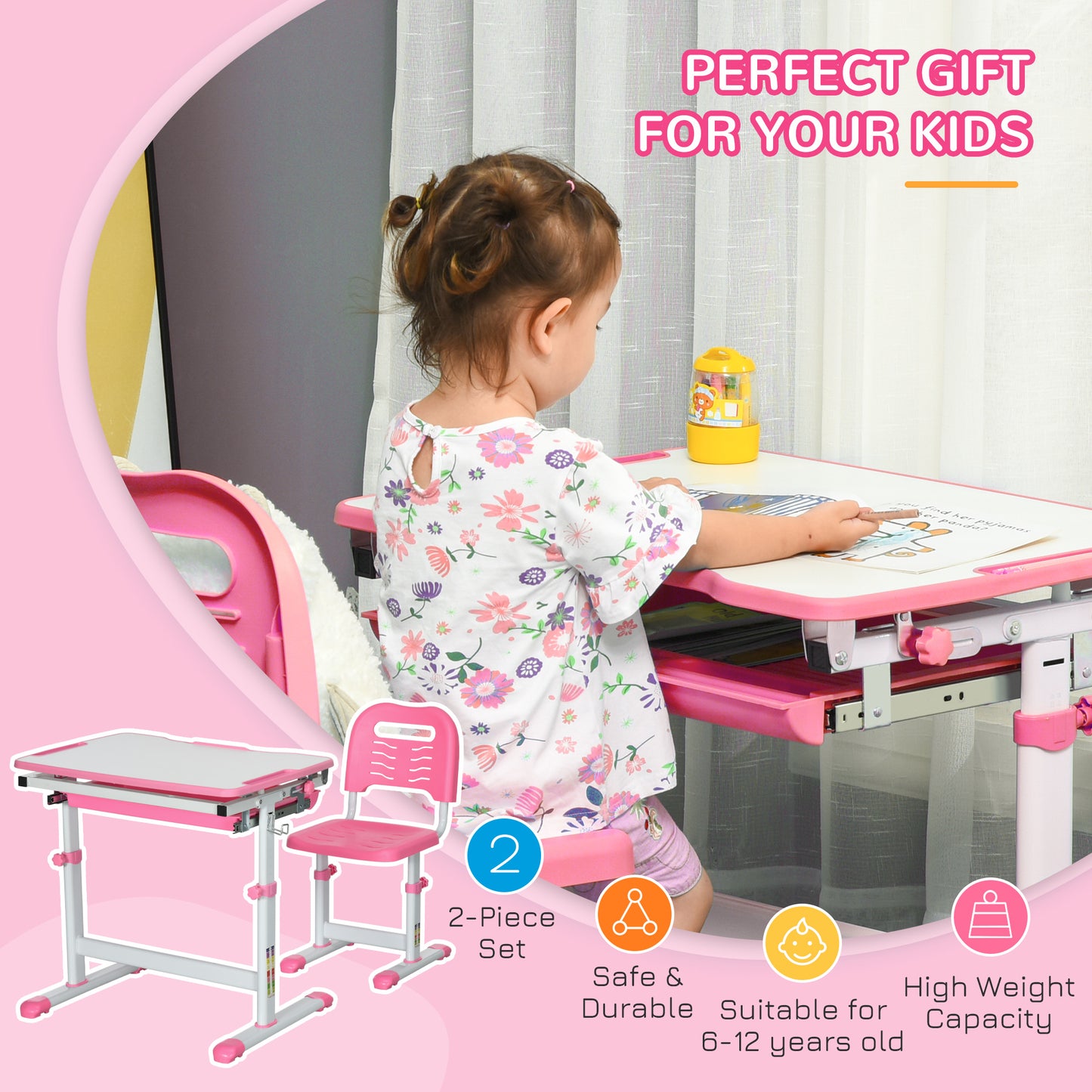 Kids Desk and Chair Set, Student Adjustable Writing Desk