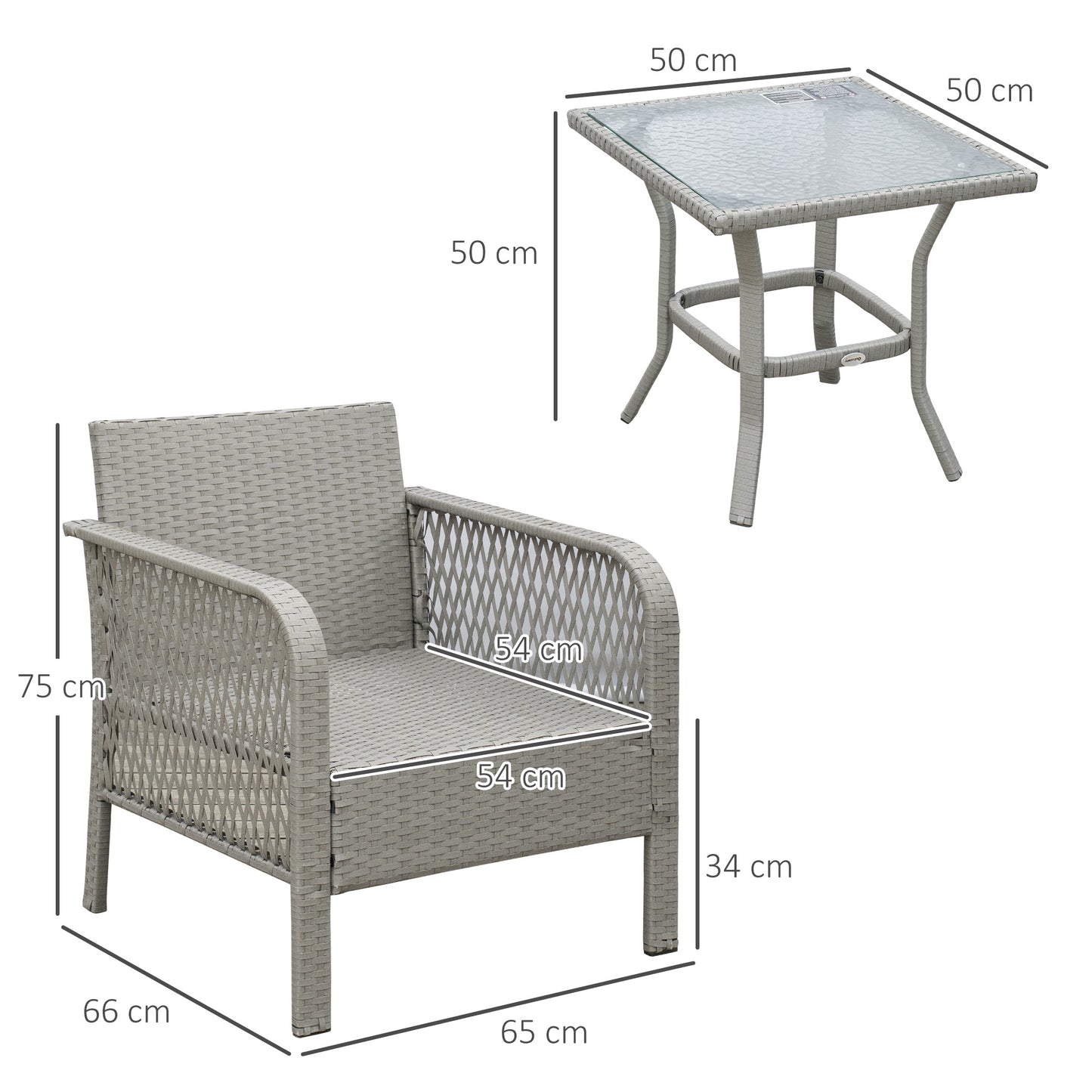 3 Pieces Rattan Bistro Set with Glass Top Coffee Table