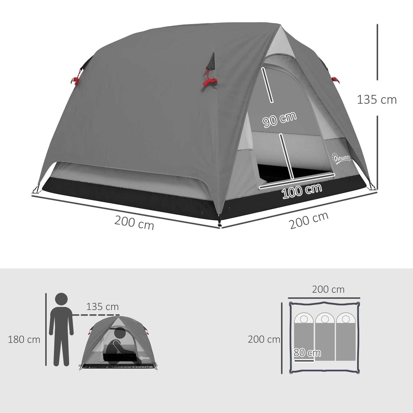 3-4 Person Camping Tent, Easy Set Up 3-4 Man Tent w/ Sewn-in