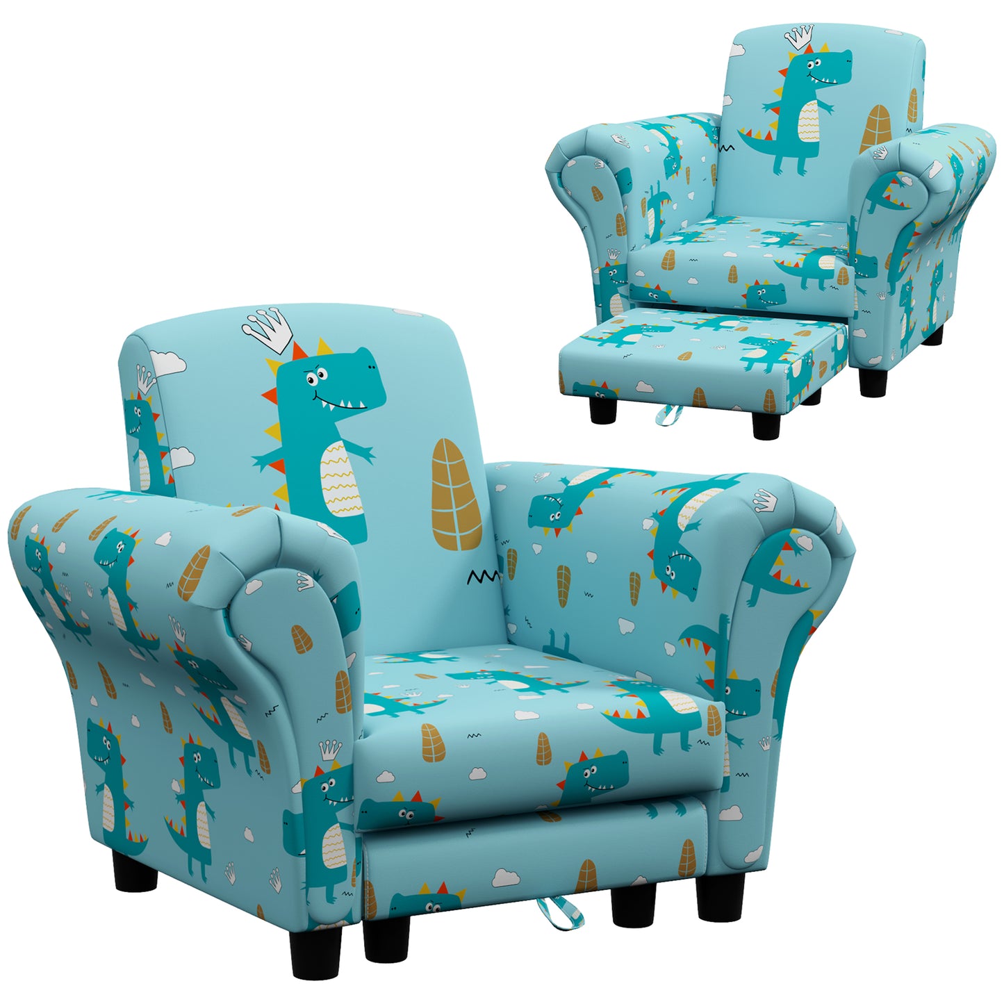 2 Piece Kids Sofa Set with Dinosaur Design, Wooden Frame