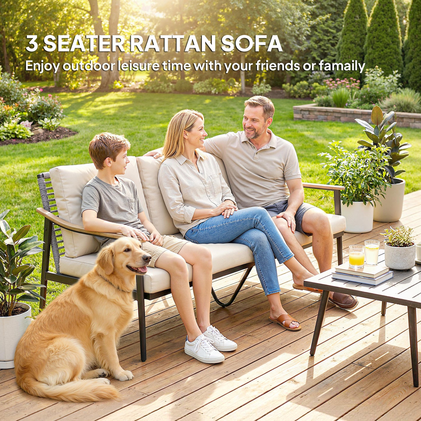 3 Seater Rattan Sofa, Outdoor Garden Sofa with Wood-Effect Armrests