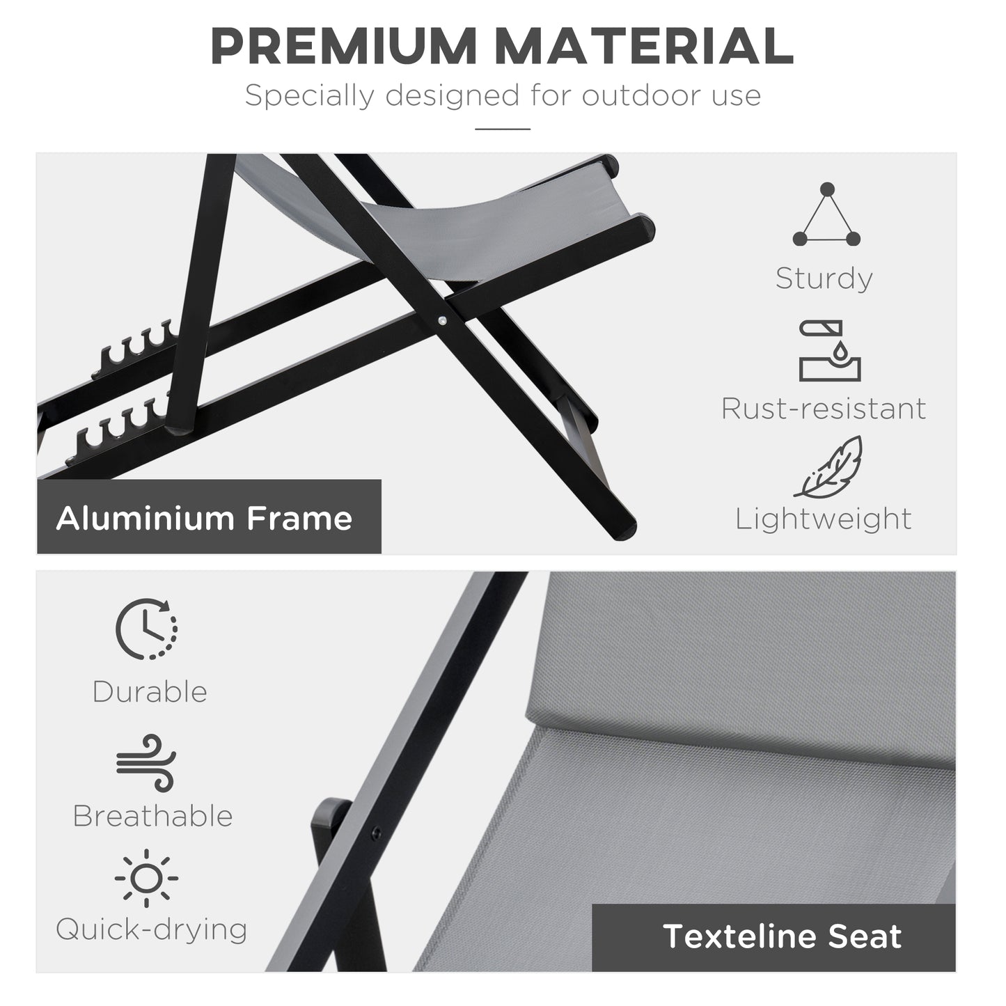 Set of 2 Folding Garden Beach Aluminium Frame Deck Chairs