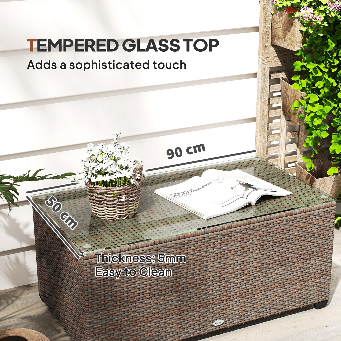 90 x 50cm Glass-Top Rattan Side Table