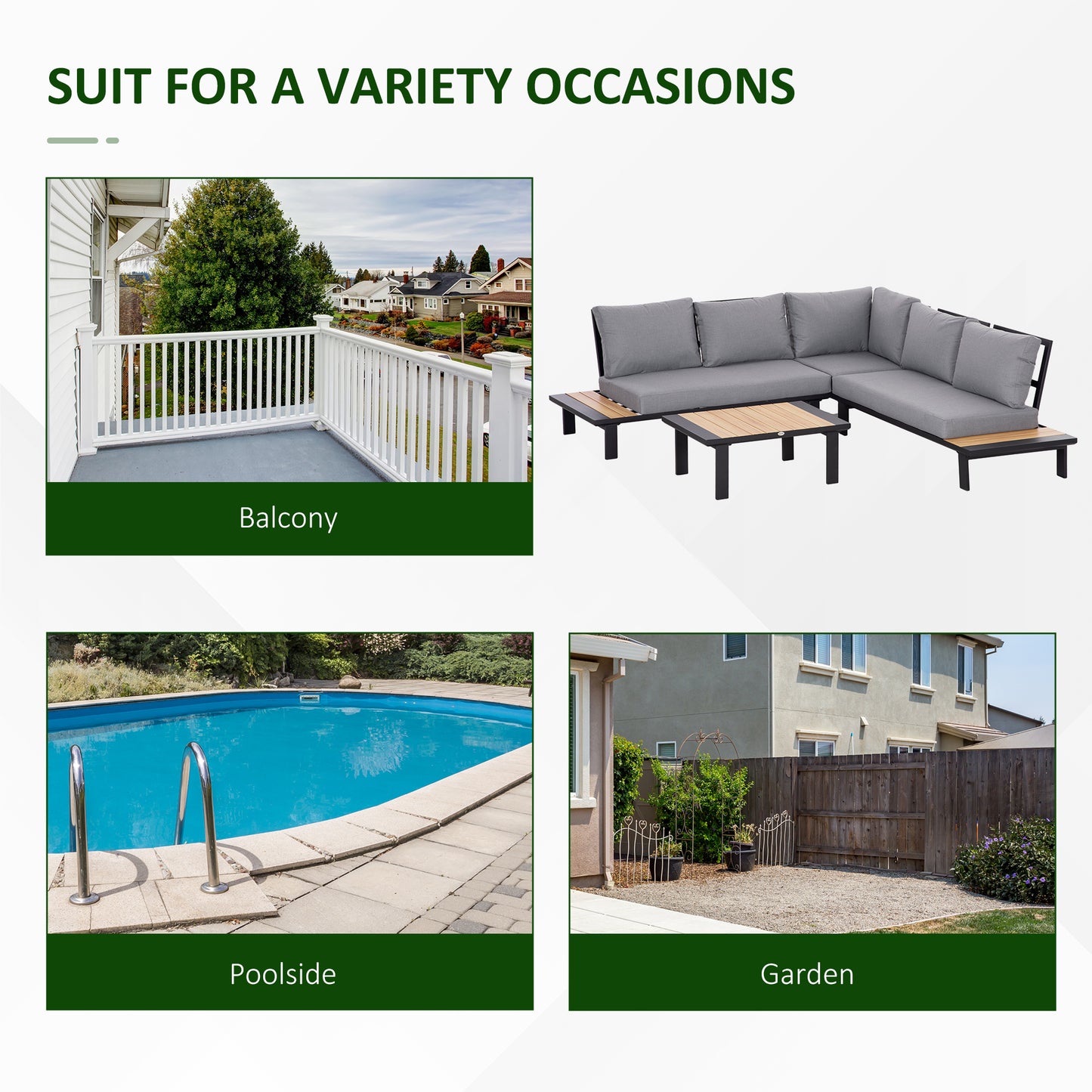 4 Pieces Aluminium Garden Furniture Set L Shape Sofa Set with Tables