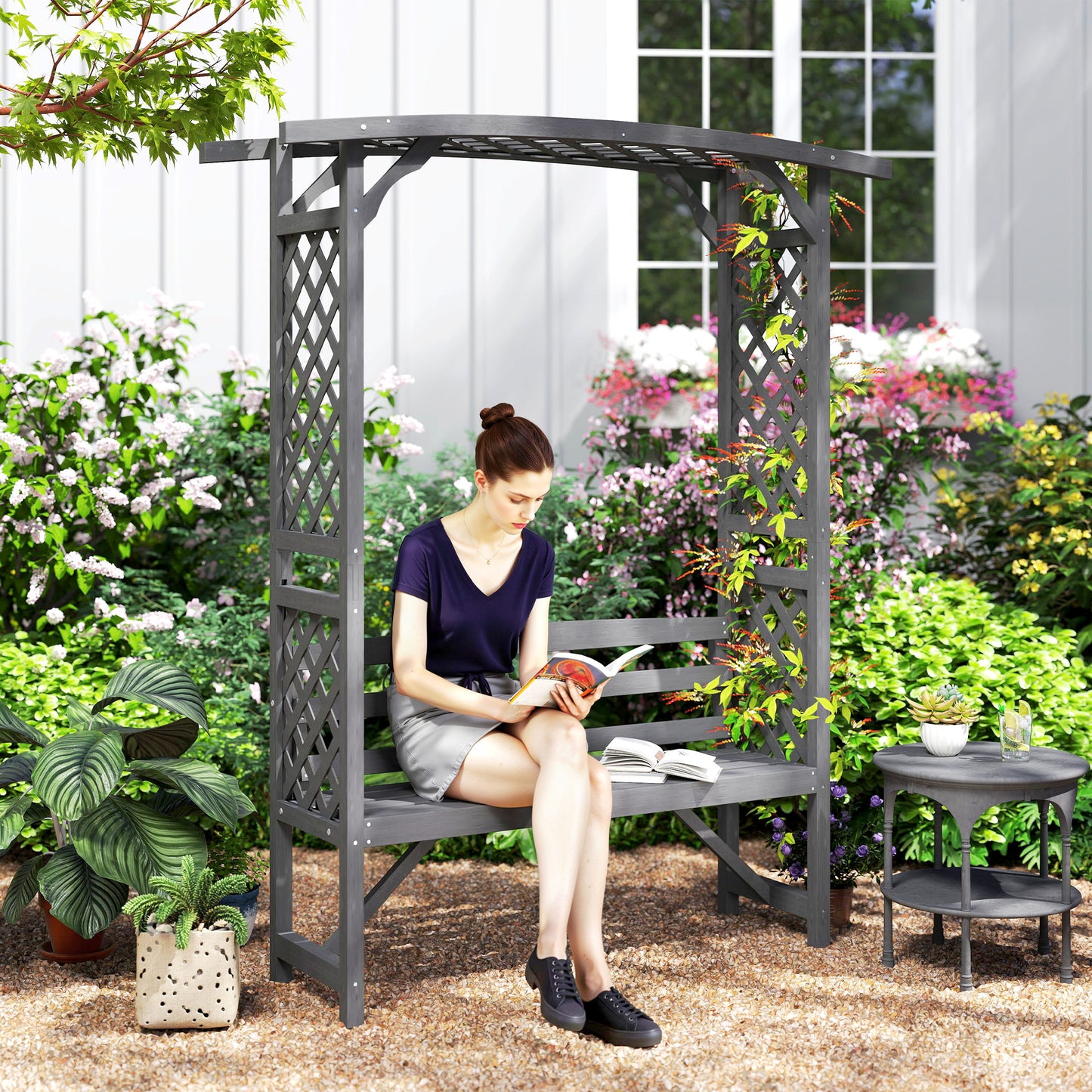 Garden Bench, Wooden Garden Arbour with Seat for Vines/Climbing Plants