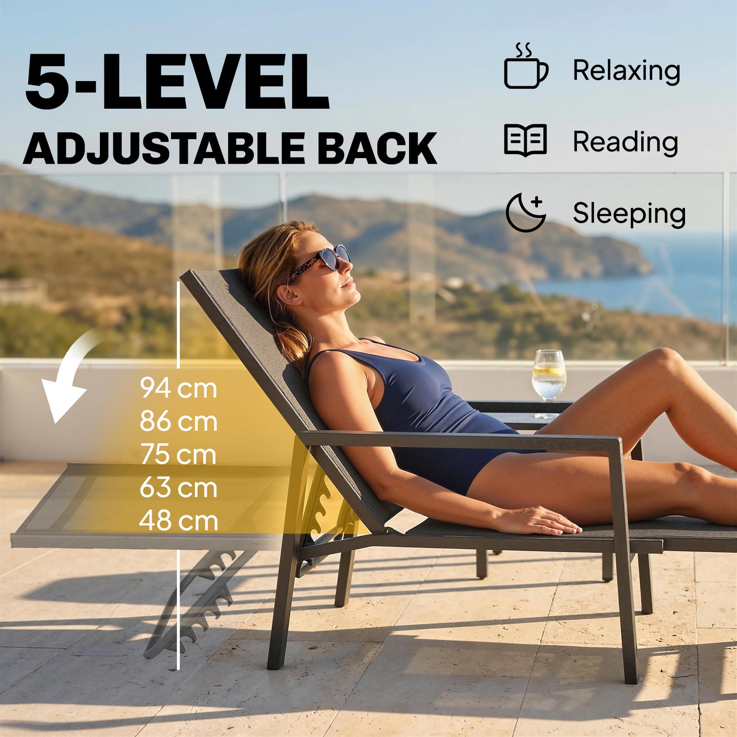 Sun Lounger Retracable Footrest 5-Position Adjustable Steel Frame