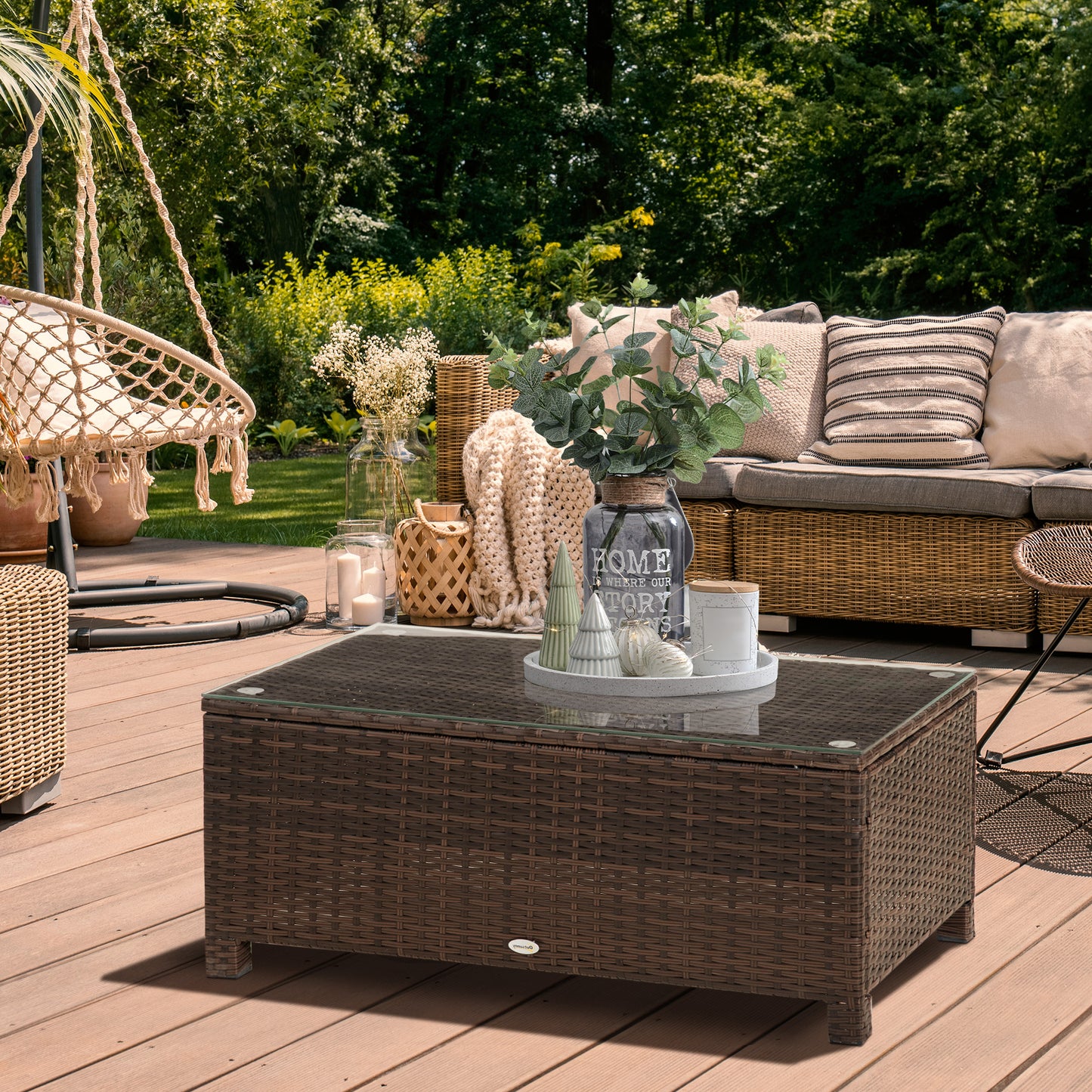PE Rattan Garden Coffee Table with Glass Table Top