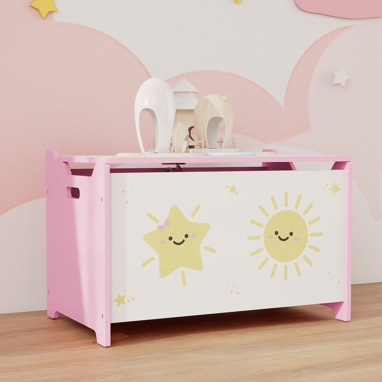Toy Box with Lid, Safety Hinges and Groove Handles