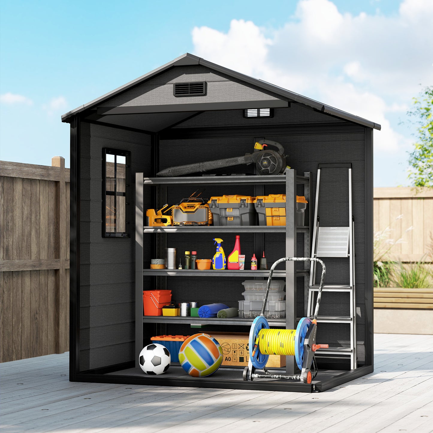 6'x4.5' Garden Storage Shed, Lockable Garden Shed with Double Doors