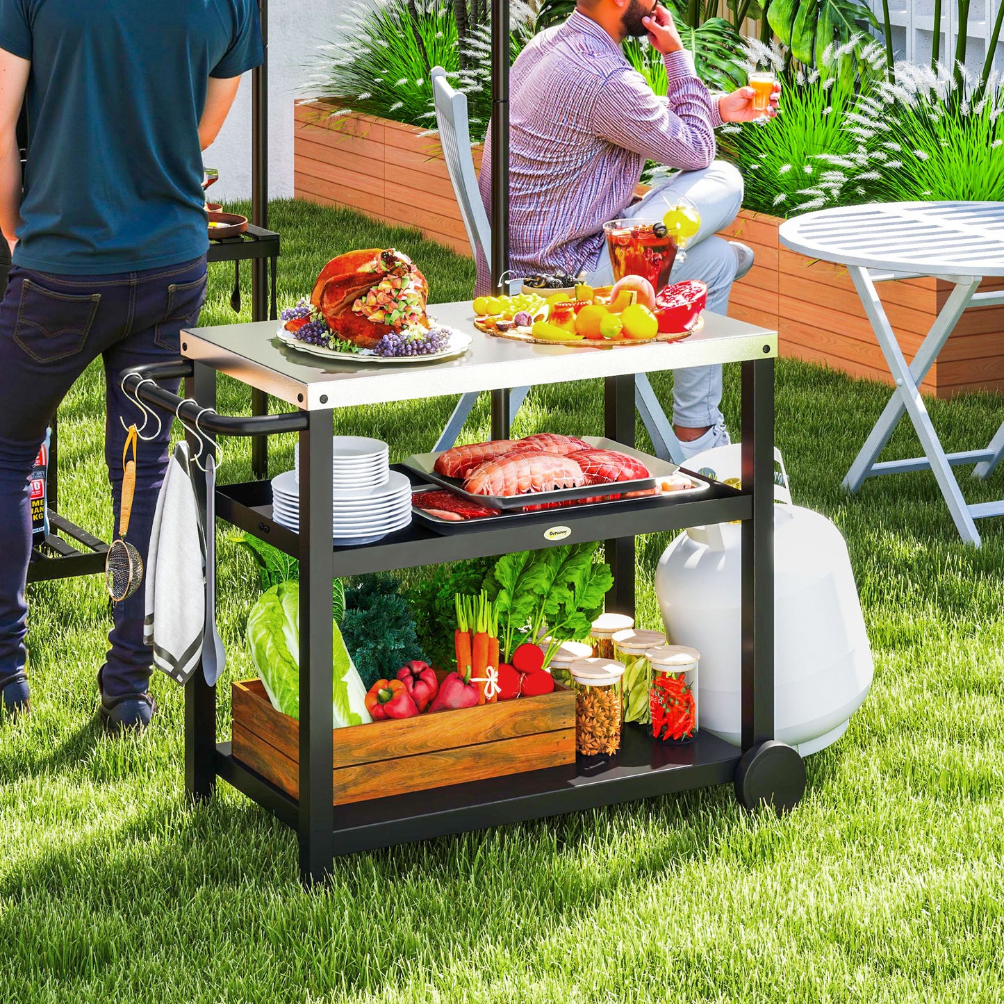 Outdoor Grill Dining Cart 3-Shelf Movable Pizza Oven Table Stand