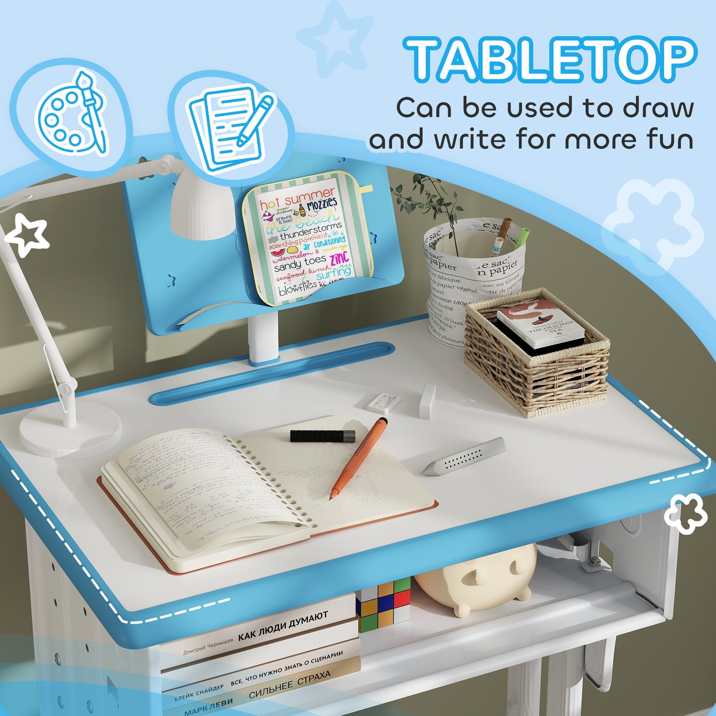 Kids Adjustable Desk and Chair Set, Book Stand, Pen Slot