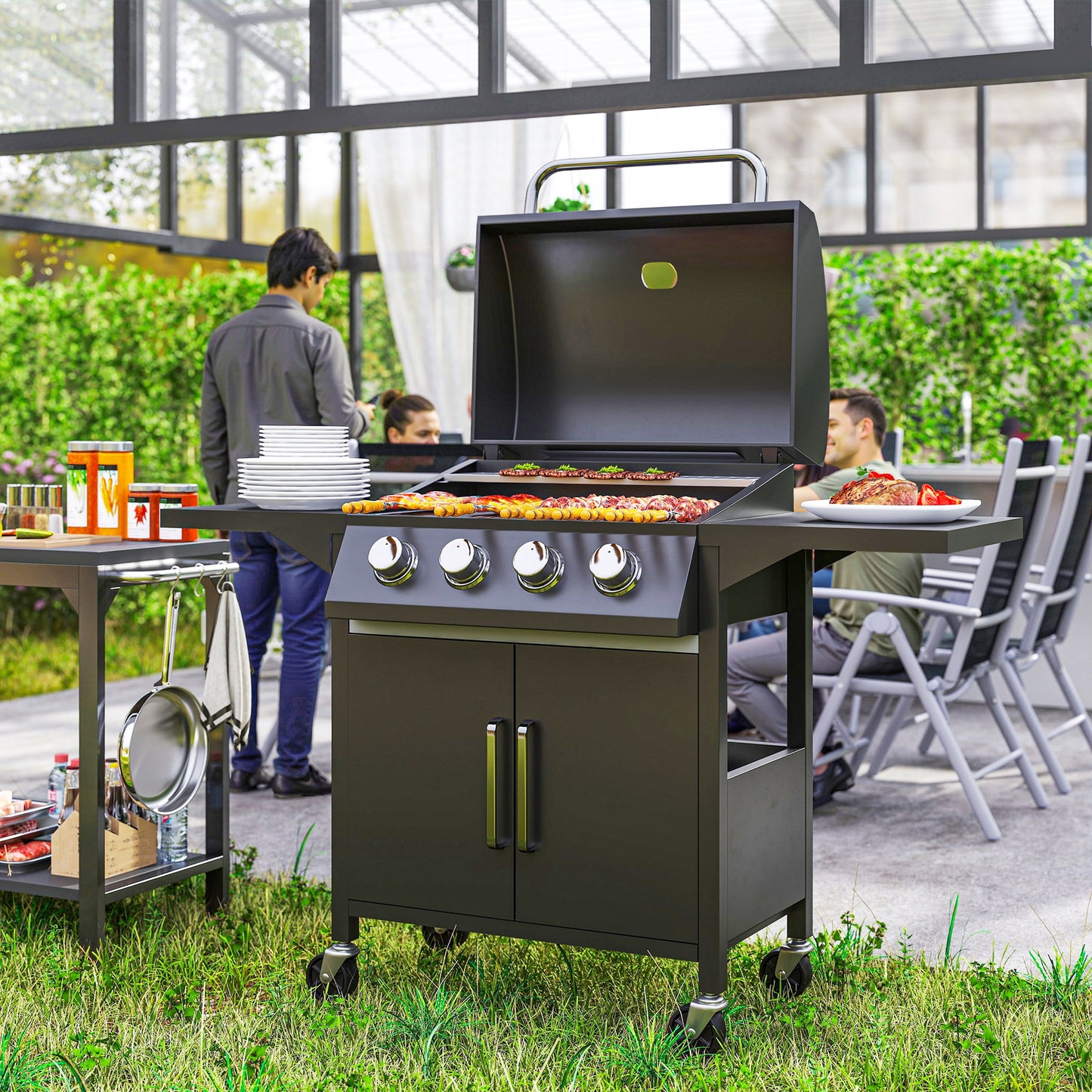 4 Burner Gas BBQ Grill Outdoor Portable Barbecue Trolley w/ Warming