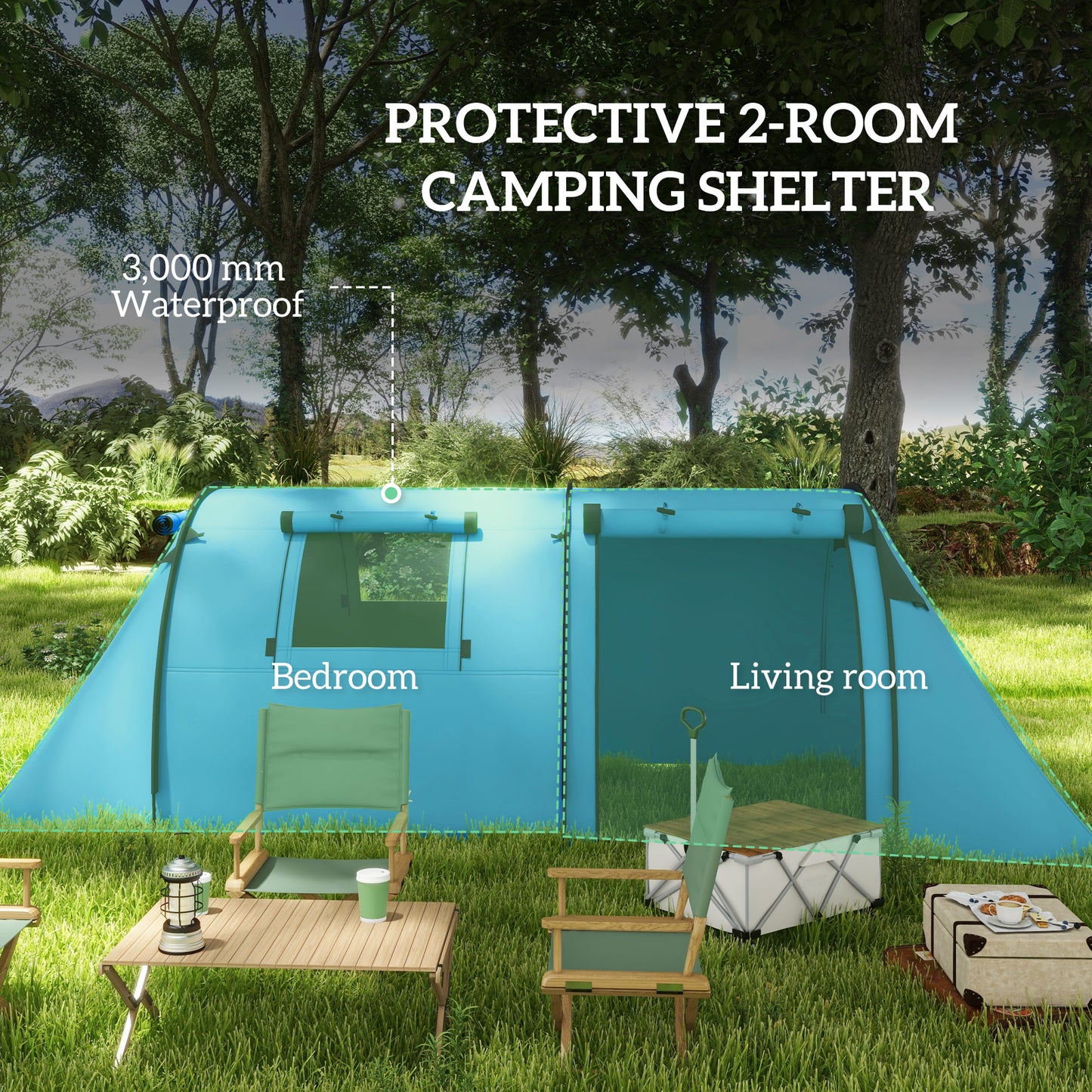Four Man Duo Room Tunnel Tent, with Accessories