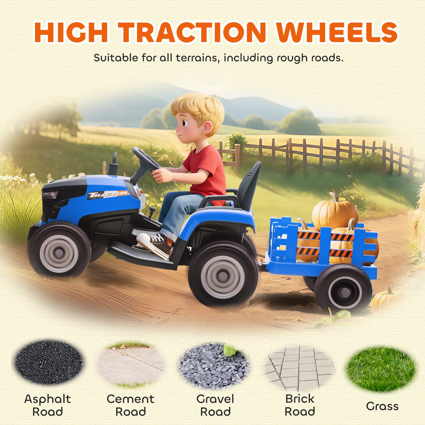 12V Ride on Tractor and Trailer with Remote Control, Music, Shifter