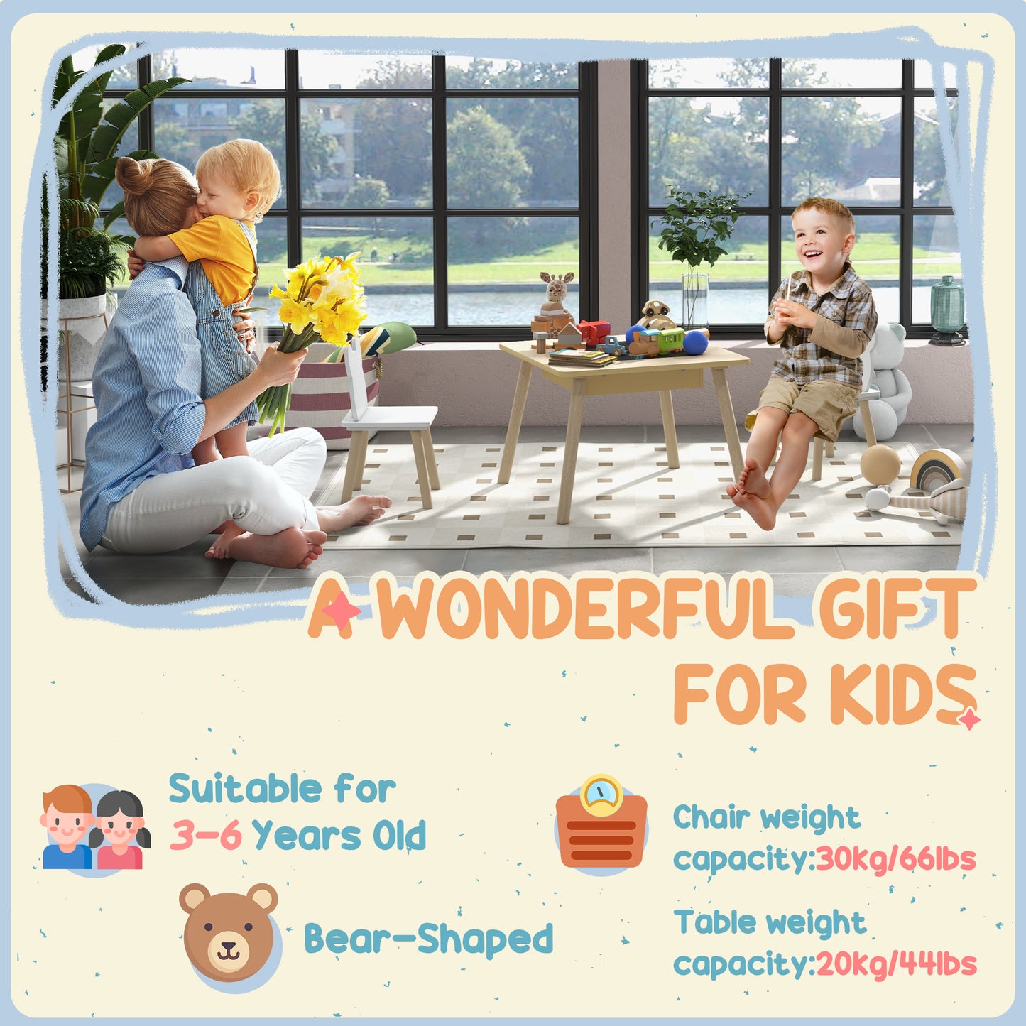 3-Piece Kids Table and Chairs Set with Convertible Desk