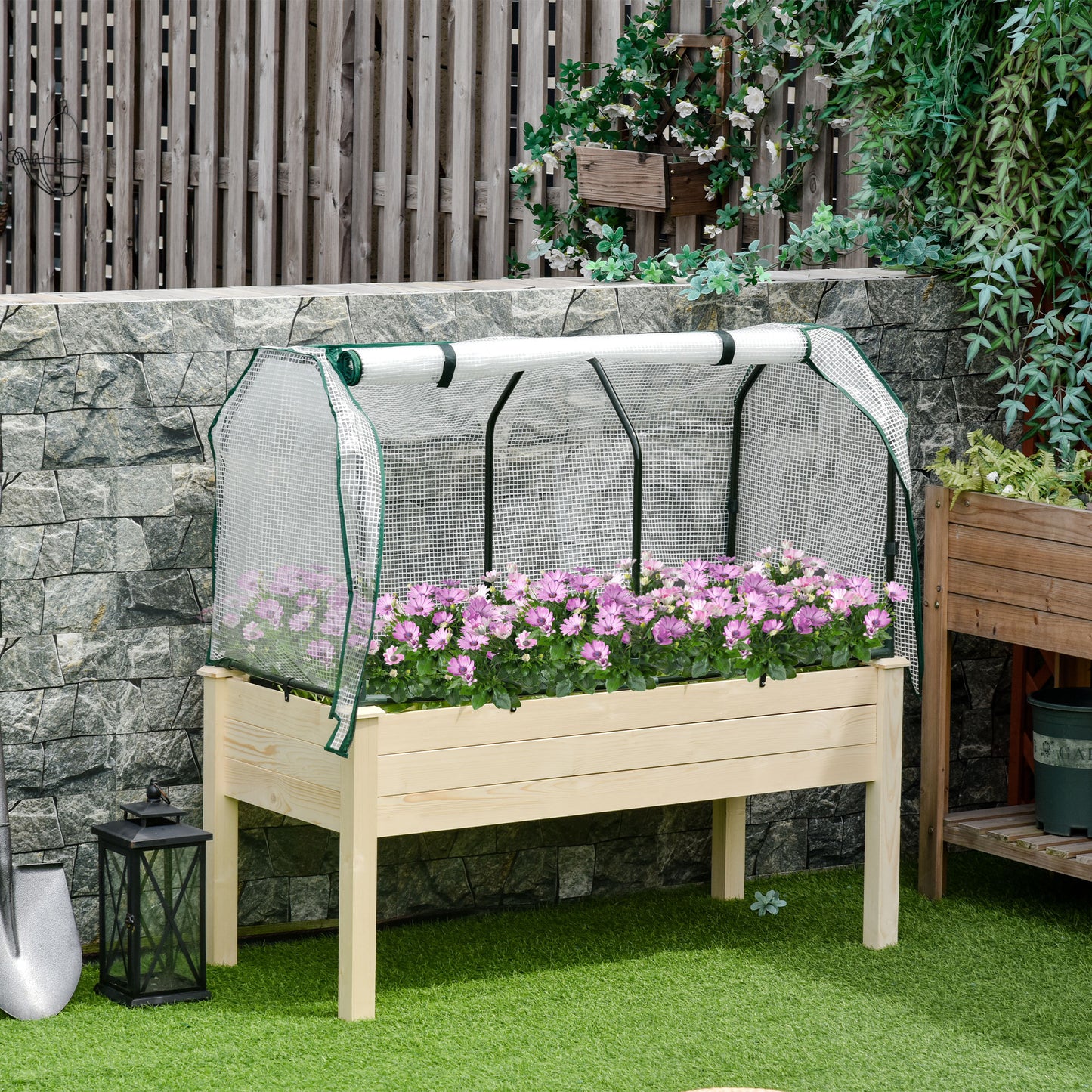 Raised Garden Bed Outdoor Elevated Wood Planter Box w/ PE Cover