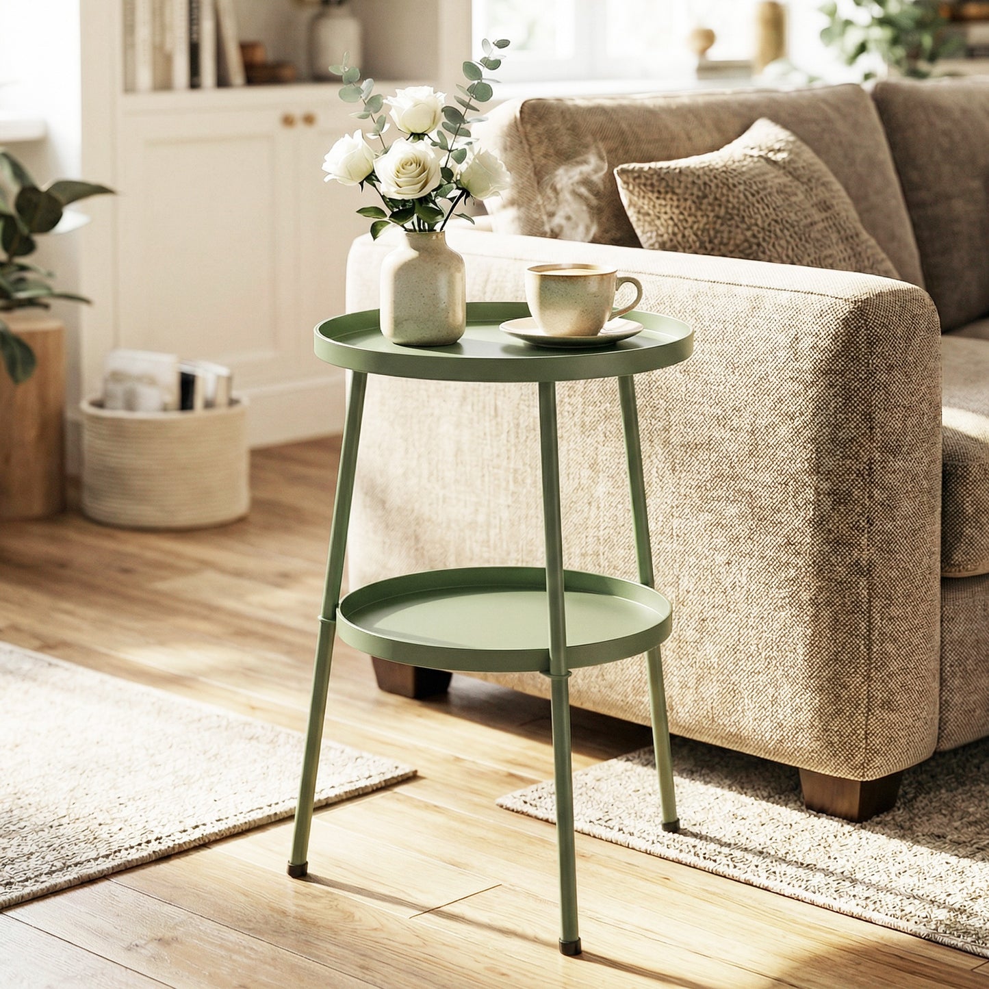 Patio Side Table, 2-Tier Round Coffee End Table