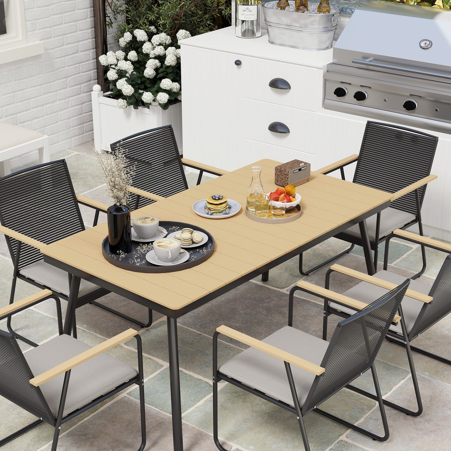 6 Seater Garden Dining Set with Soft Cushions, Rattan Backrest (1)