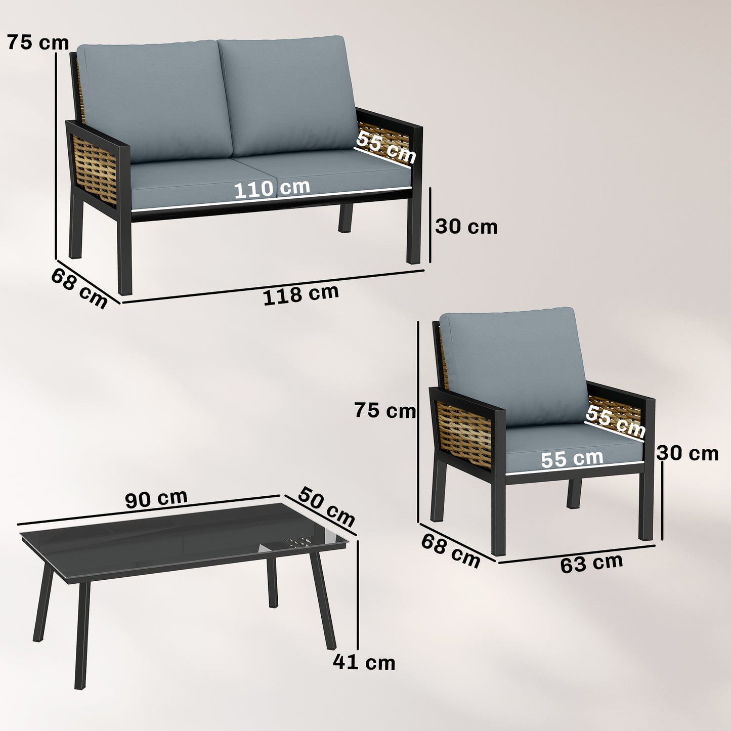 4 Seater Rattan Garden Furniture Set with 2 Armchairs, Loveseat (3)