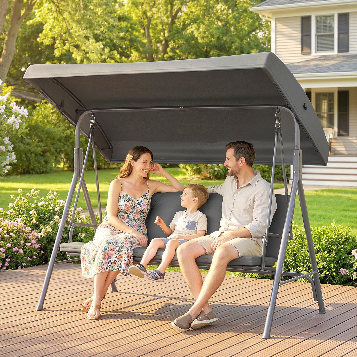 3 Seater Garden Swing Chair, Patio Rocking Bench with Tilting Canopy