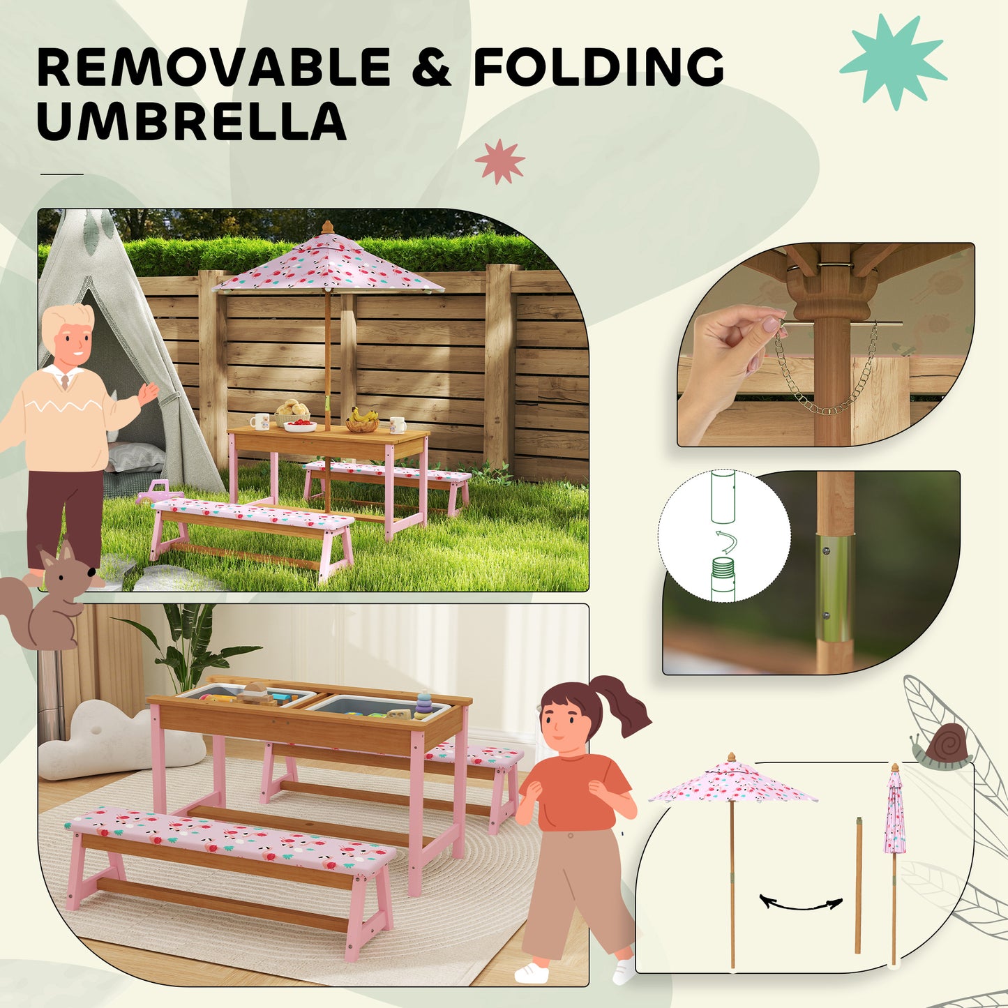 Kids Picnic Table Set with Removable & Foldable Umbrella, Cushions