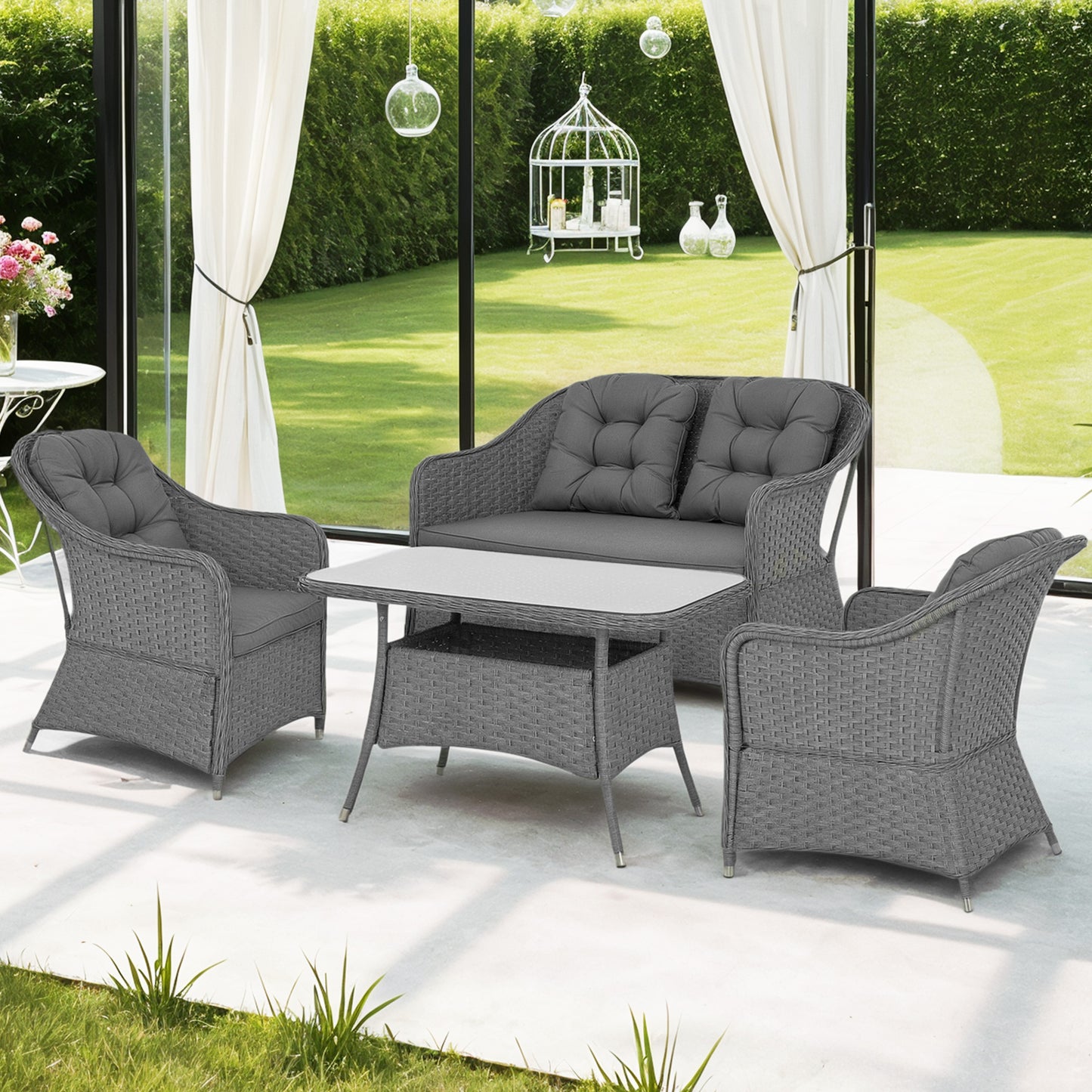 Four-Piece Rattan Set, with Glass-Top Table