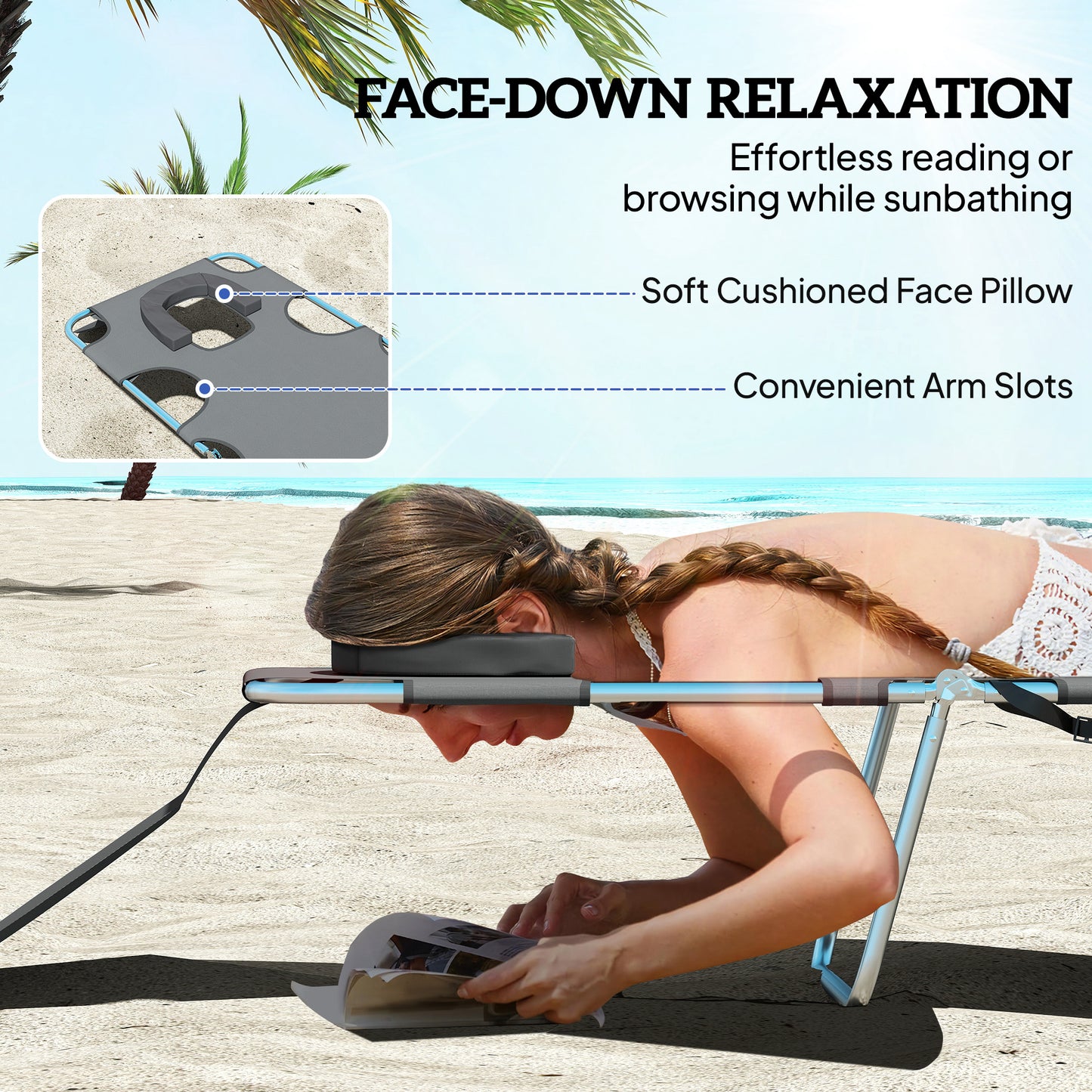 5-Position Adjustable Sun Loungers Set of 2 with Reading Hole