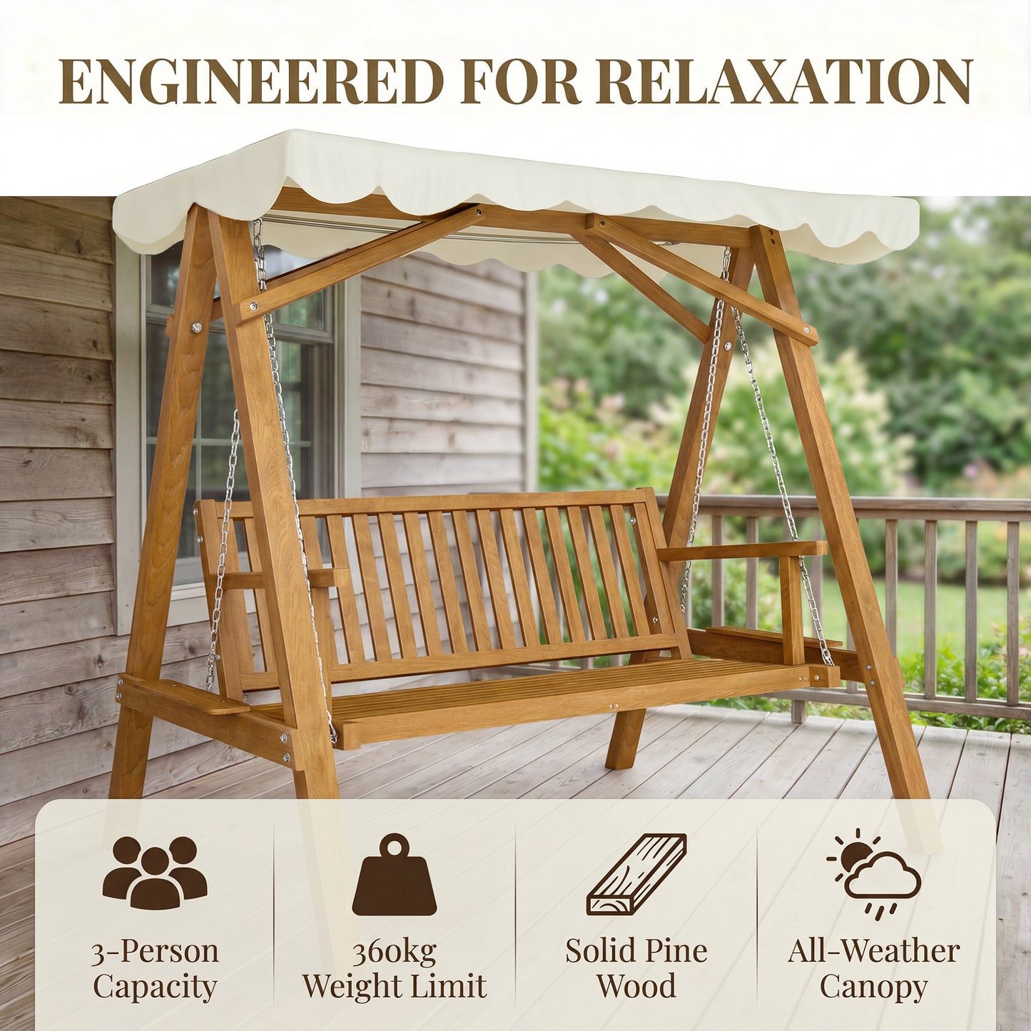 3 Seater Garden Swing Seat with Canopy, Wooden Swing Chair