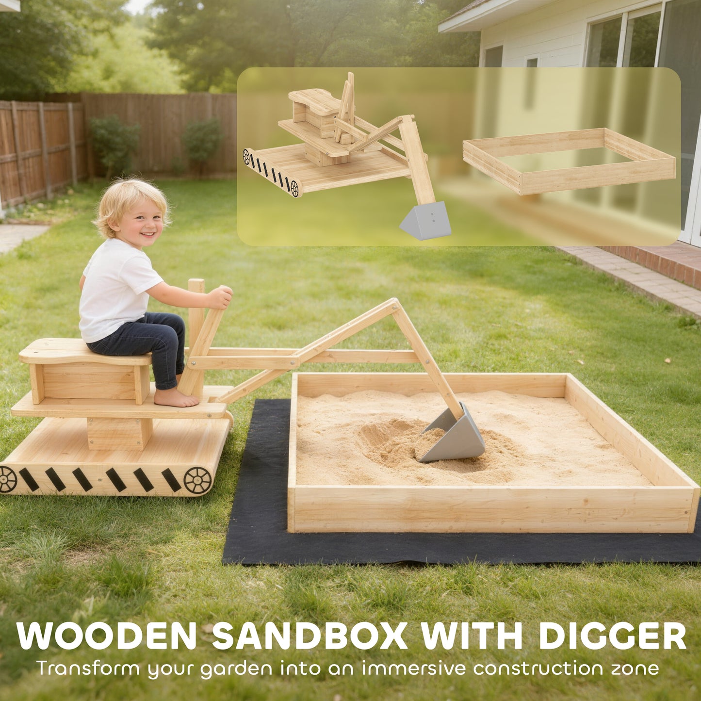 Wooden Sand Pit with Digger, Kids Sandbox Outdoor