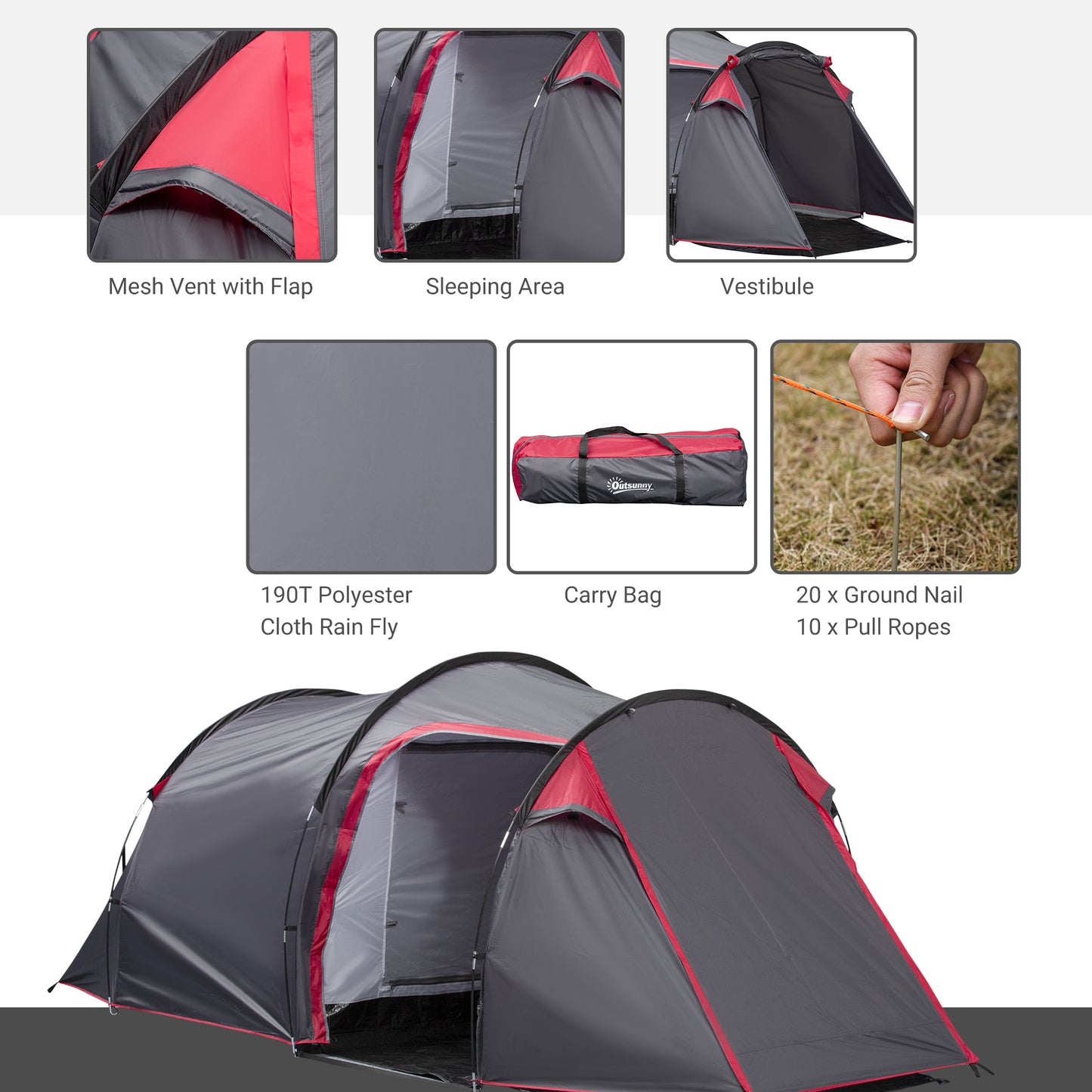 2-3 Person Tunnel Tent with Sewn-in Groundsheet, Air Vents, Rainfly