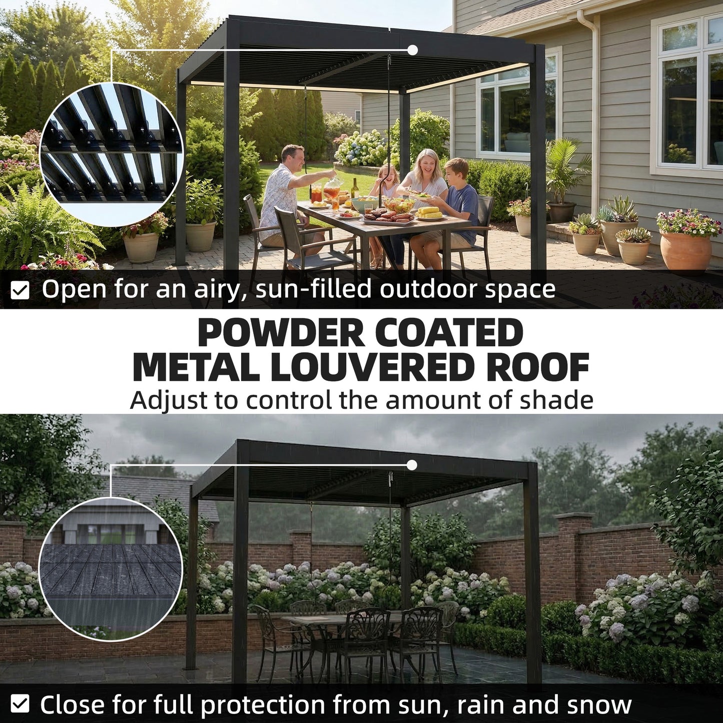 3 x 3 m Louvered Pergola with LED Lights, Metal Louvres